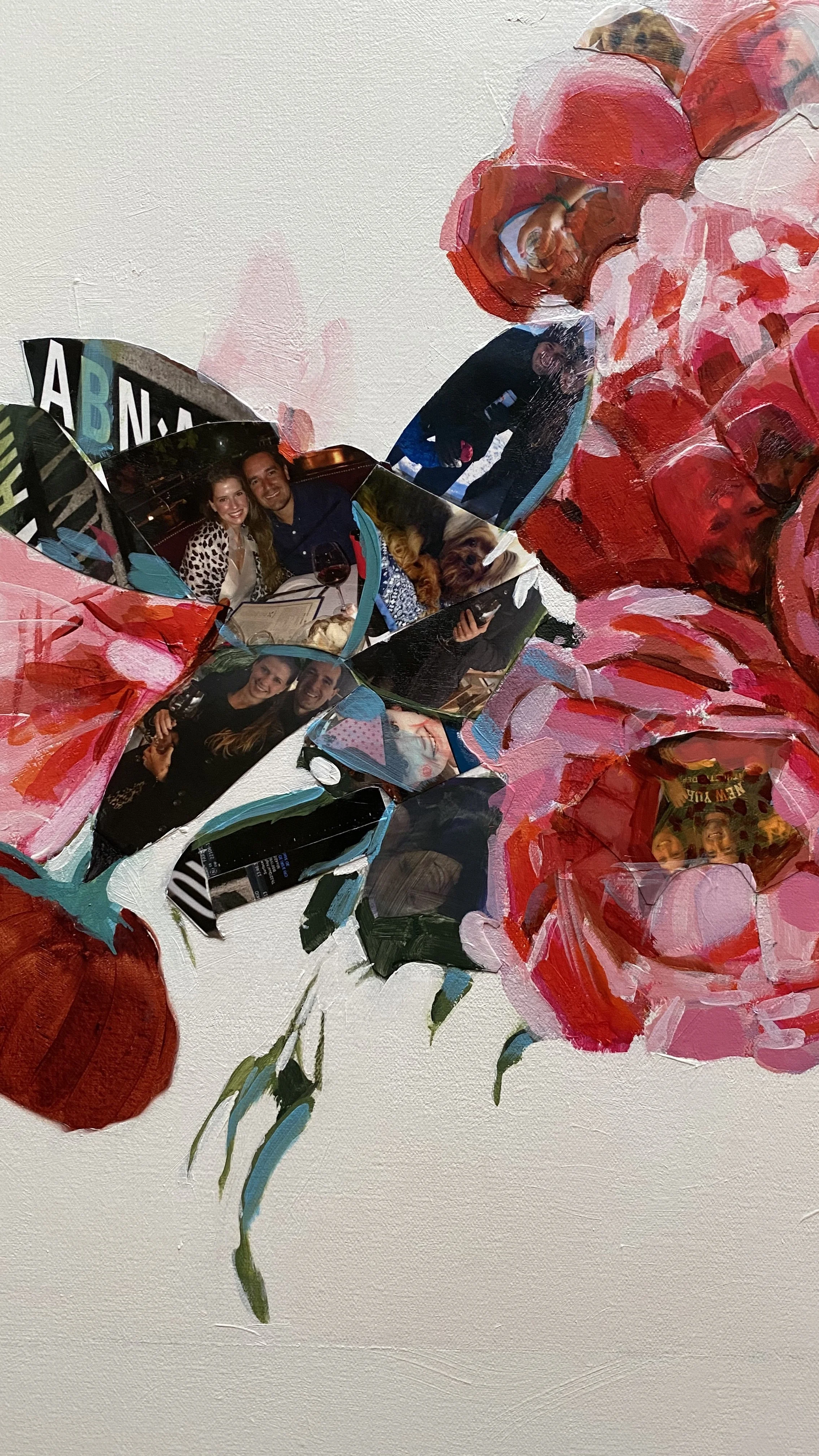  DETAIL  Ten Years - 48 x 48, mixed media on canvas.  (Price for a similar commission: u$ 6,500)  At first sight, a vase of peonies. After a closer look, you find ten years of marriage hidden in plain sight: a mosaic of photographs, notes, and small 