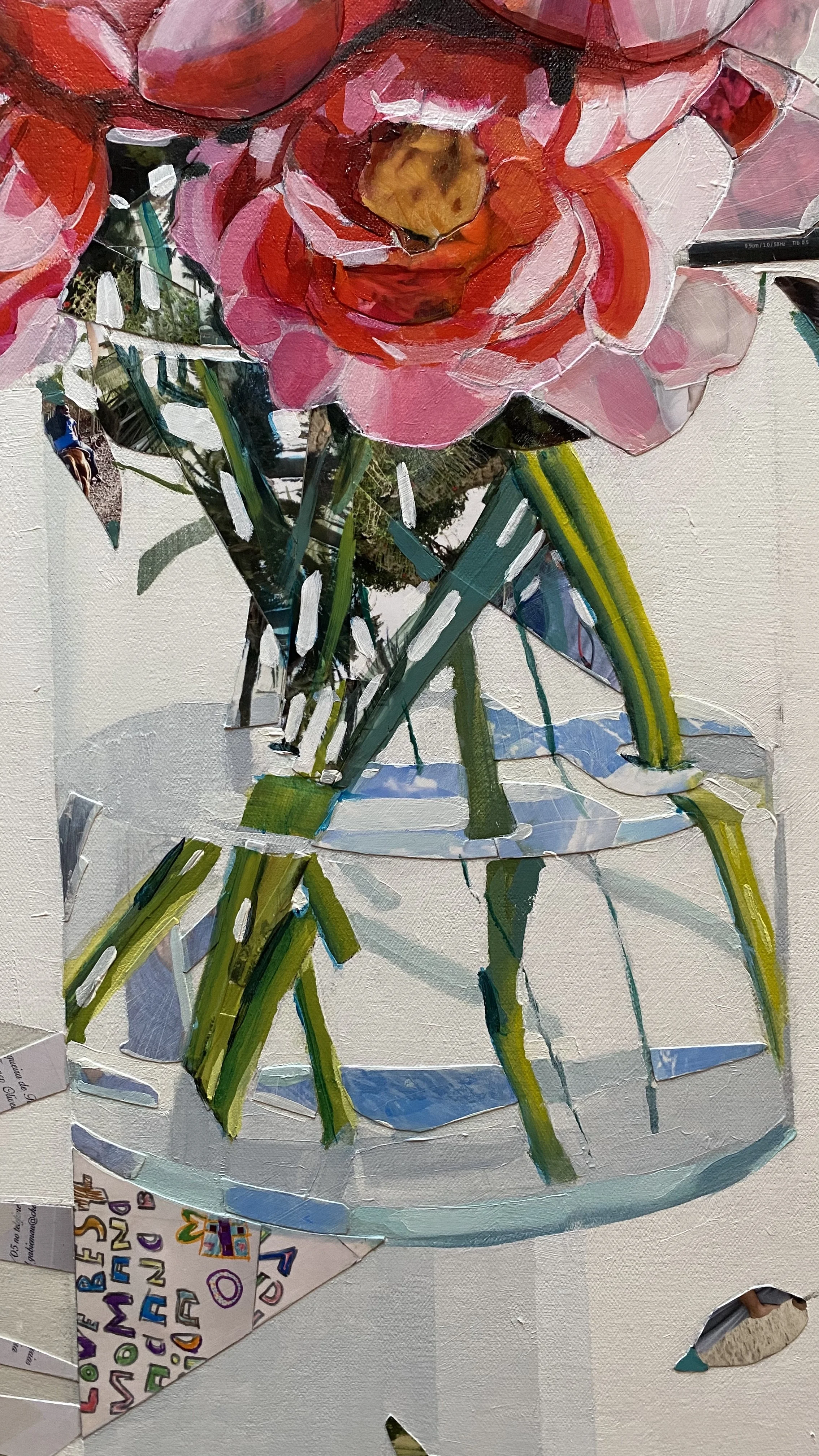  DETAIL  Ten Years - 48 x 48, mixed media on canvas.  (Price for a similar commission: u$ 6,500)  At first sight, a vase of peonies. After a closer look, you find ten years of marriage hidden in plain sight: a mosaic of photographs, notes, and small 