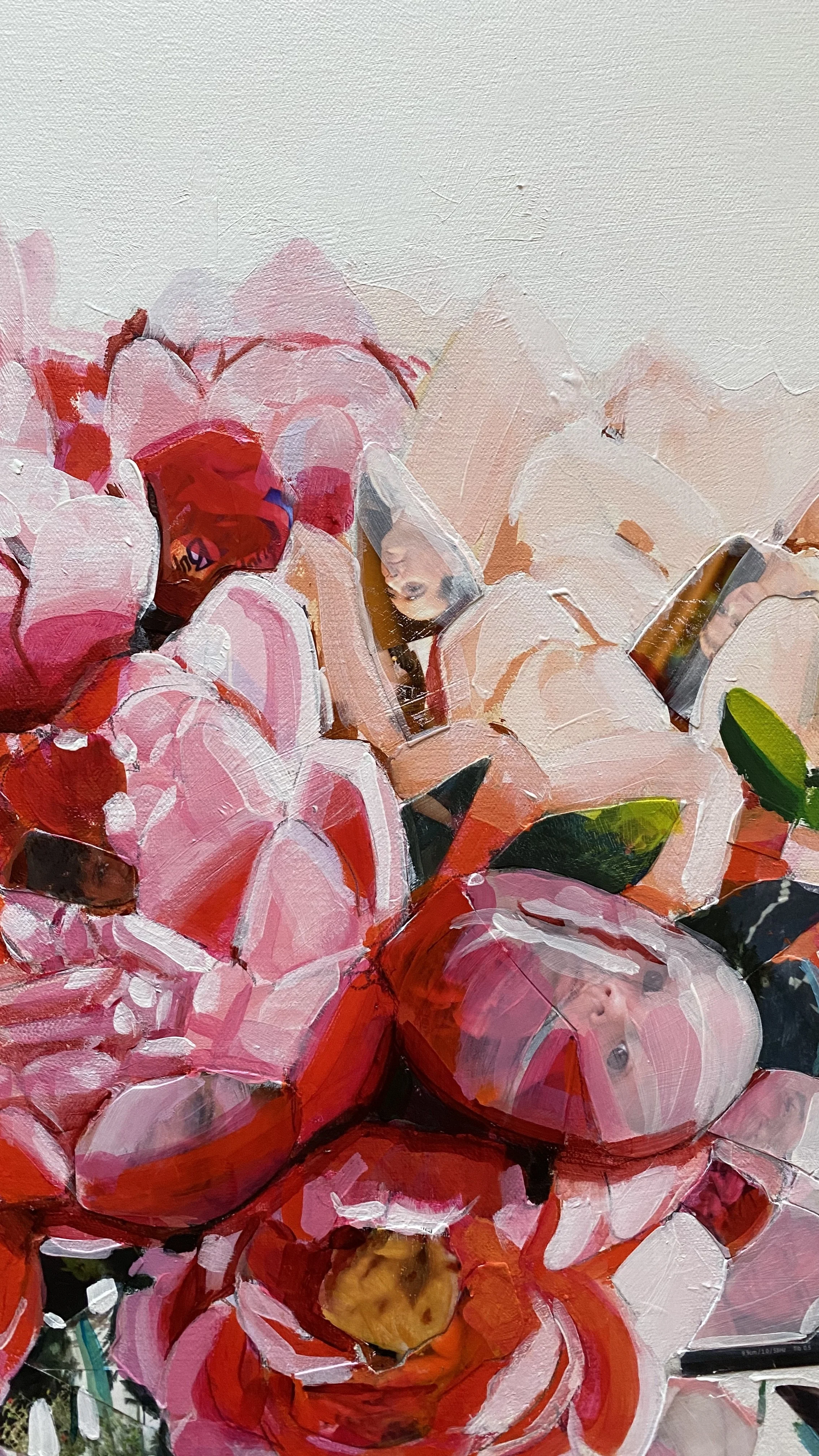  DETAIL  Ten Years - 48 x 48, mixed media on canvas.  (Price for a similar commission: u$ 6,500)  At first sight, a vase of peonies. After a closer look, you find ten years of marriage hidden in plain sight: a mosaic of photographs, notes, and small 