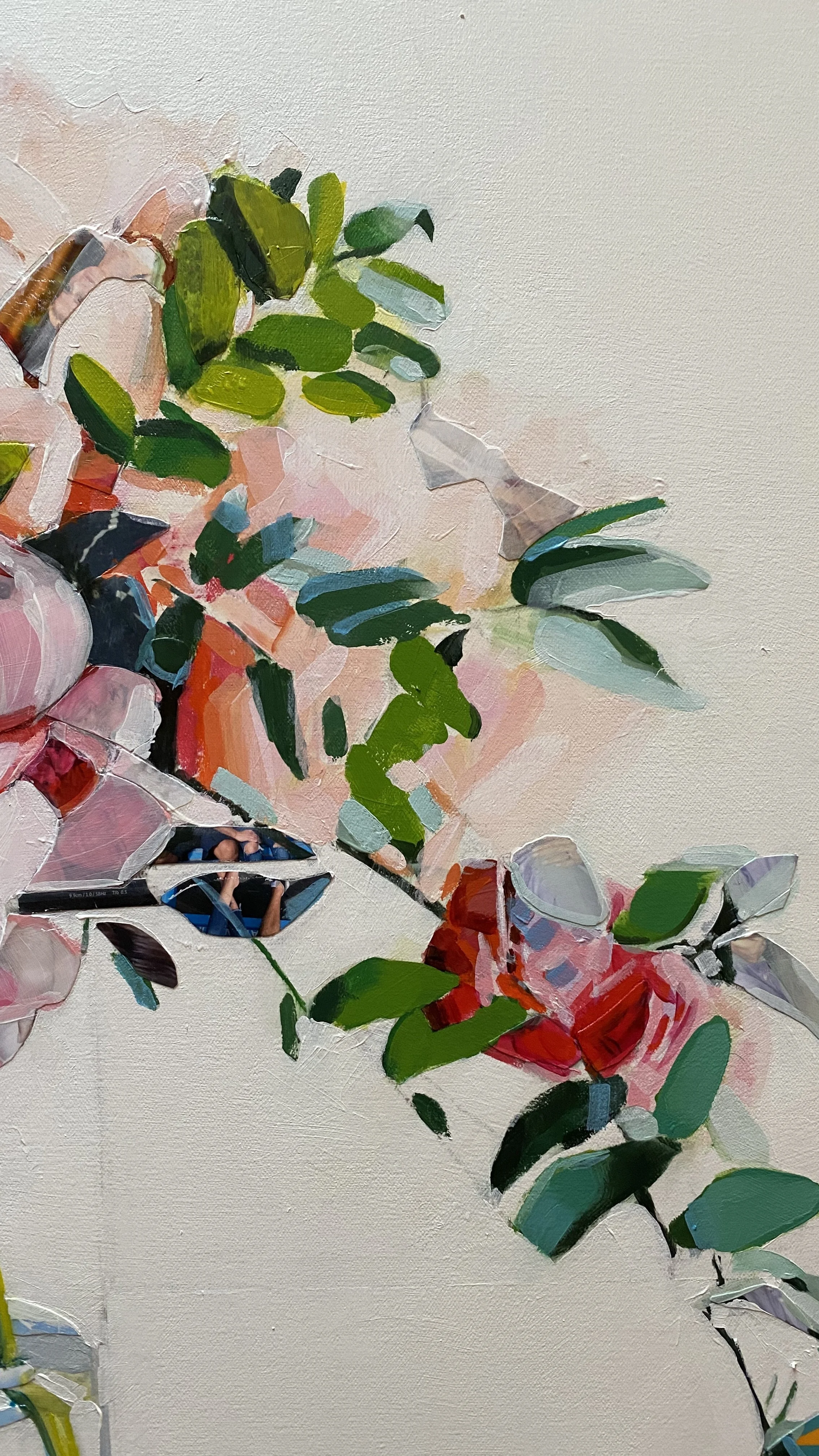  DETAIL  Ten Years - 48 x 48, mixed media on canvas.  (Price for a similar commission: u$ 6,500)  At first sight, a vase of peonies. After a closer look, you find ten years of marriage hidden in plain sight: a mosaic of photographs, notes, and small 