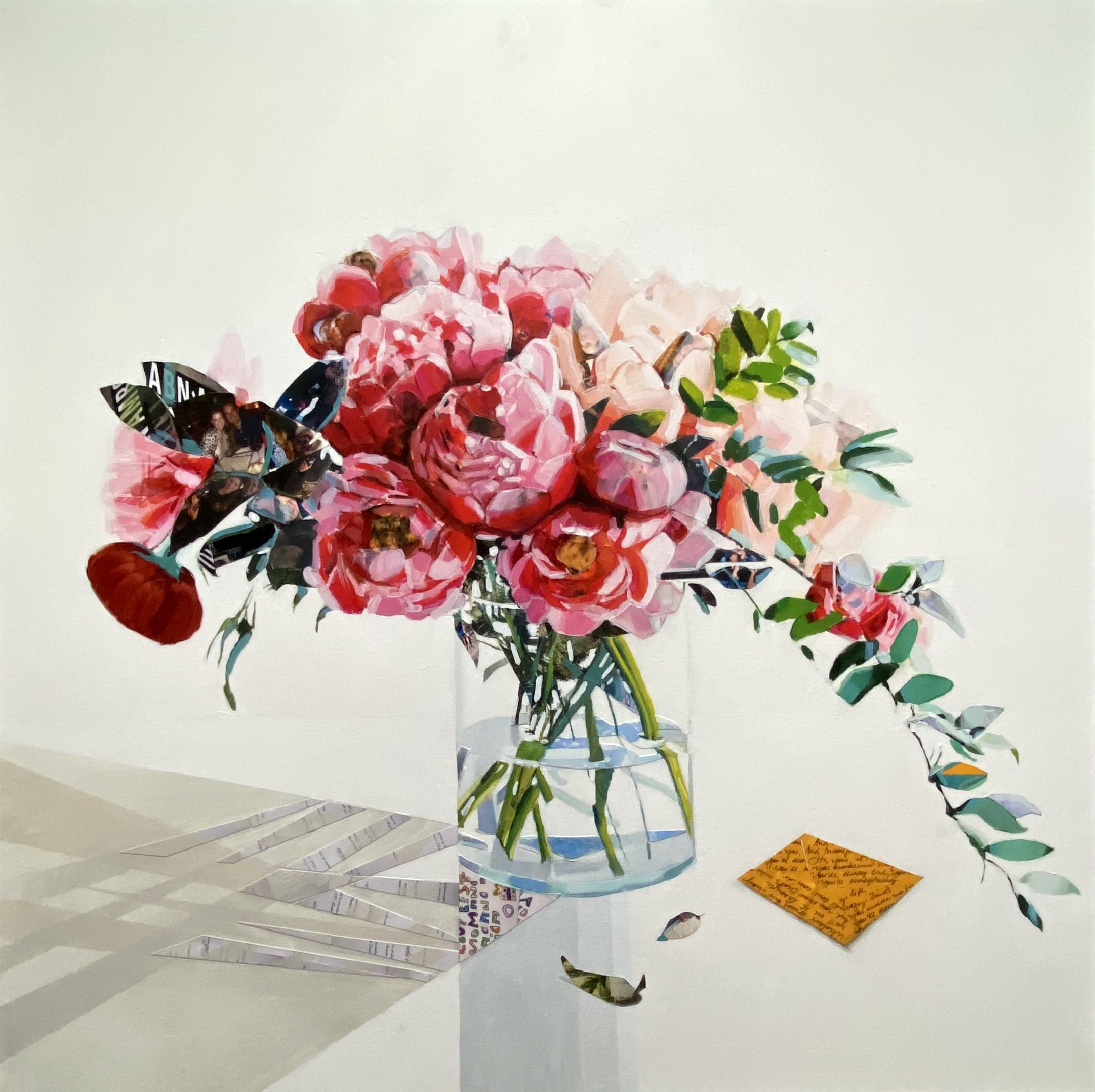 Ten Years - 48 x 48, mixed media on canvas. (Price for a similar commission: u$ 6,500) At first sight, a vase of peonies. After a closer look, you find ten years of marriage hidden in plain sight: a mosaic of photographs, notes, and small mementos