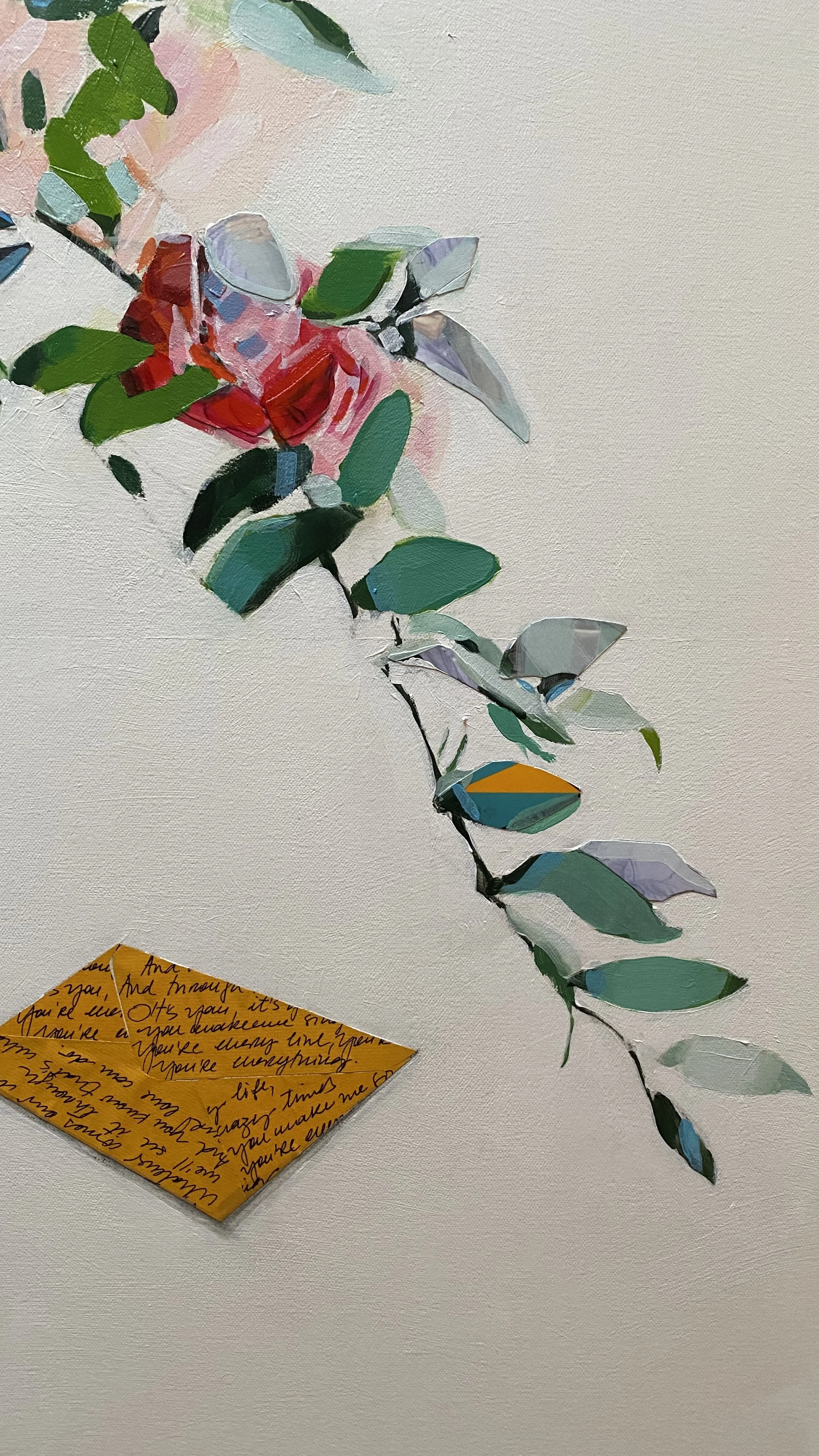  DETAIL  Ten Years - 48 x 48, mixed media on canvas.  (Price for a similar commission: u$ 6,500)  At first sight, a vase of peonies. After a closer look, you find ten years of marriage hidden in plain sight: a mosaic of photographs, notes, and small 