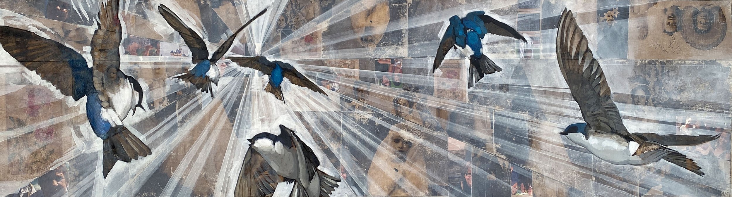 “Andorinhas de Angela” - 48 in x 48 in, Mixed media on canvas, (Price for a similar commission: u$ 6,500) At first sight, a flock of swallows. After a closer look, you find one’s life story hidden in plain sight: a mosaic of family events, trips