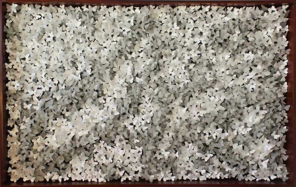 “Ash Drift” 66 x 44 inches, vellum, cotton paper, with steel pins on canvas 2018