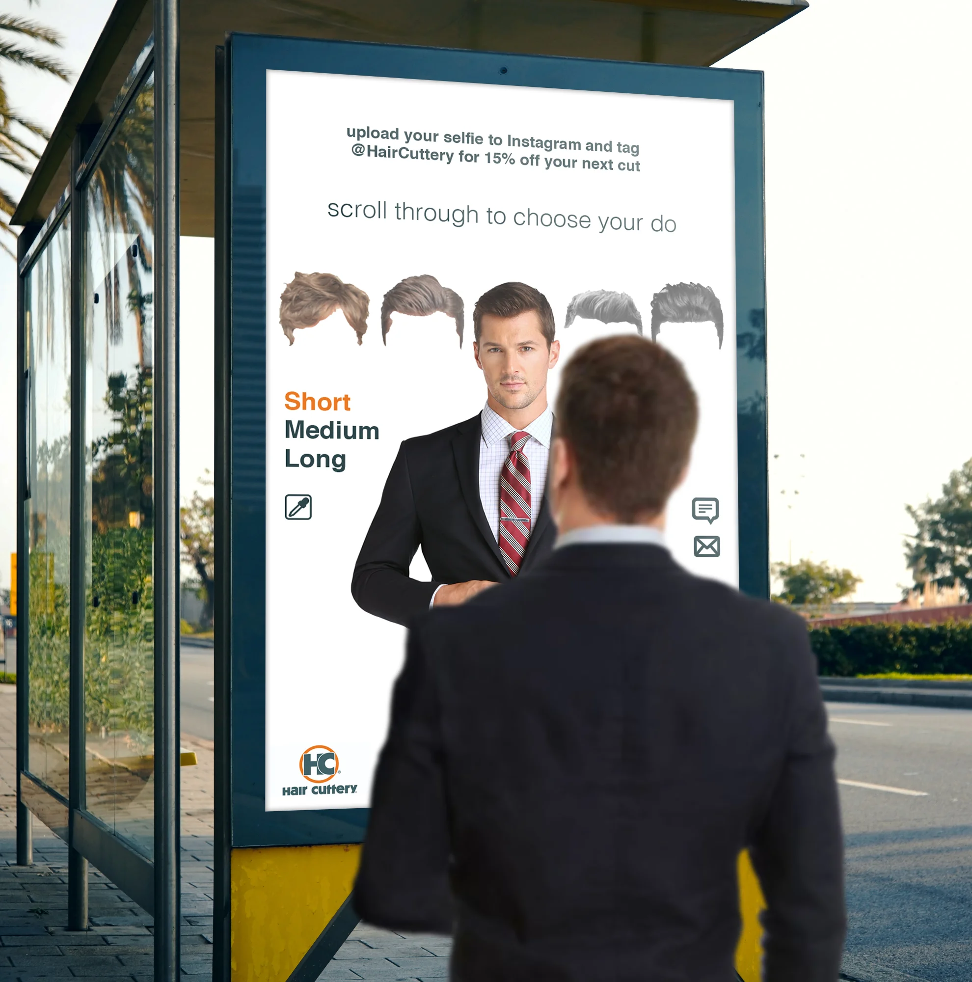 Using AR technology, this digital bus shelter ad lets pedestrians try out different hairstyles and send themselves a photo of the result. It is particularly useful for a walk-in salon like Hair Cuttery, where stylists often ask new customers for a reference photo.