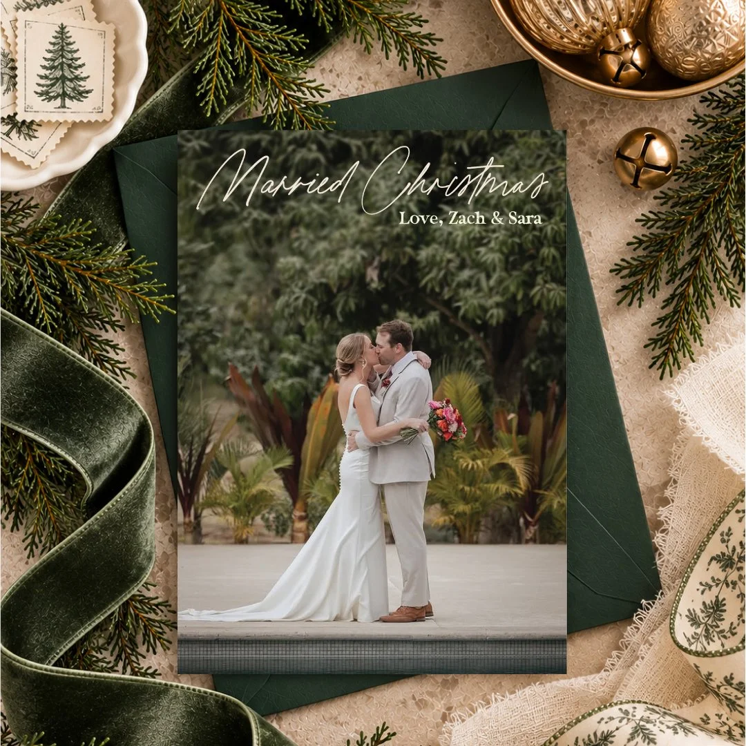 Custom newlywed Christmas card featuring a wedding photograph