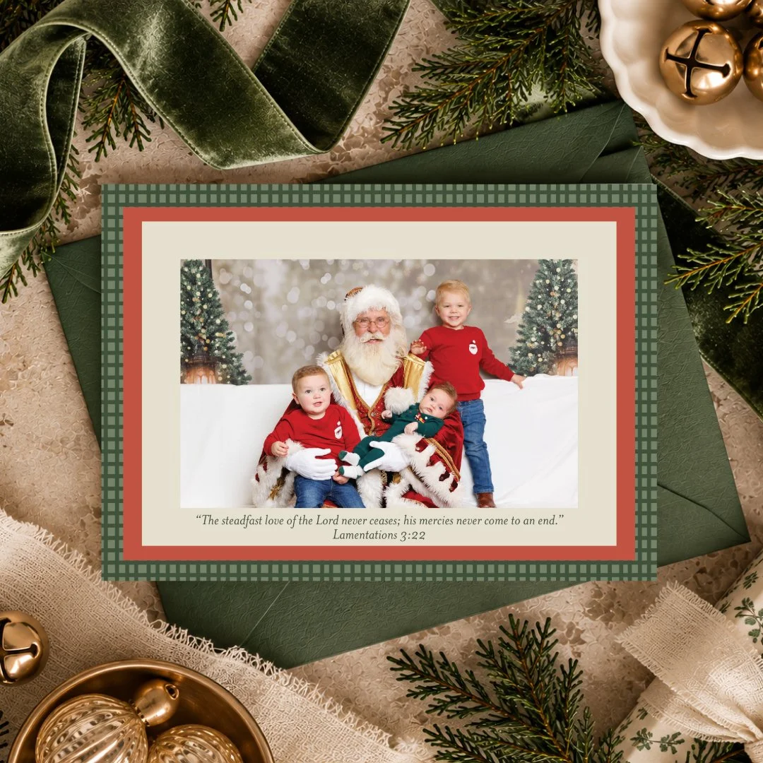 Personalized Christmas photo card featuring children with Santa