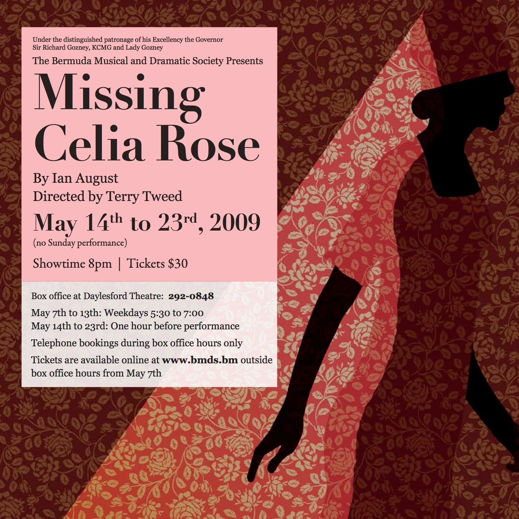 Image designed by Claire Moffat for the poster of the Bermuda Musical and Dramatic Society production of Missing Celia Rose.
