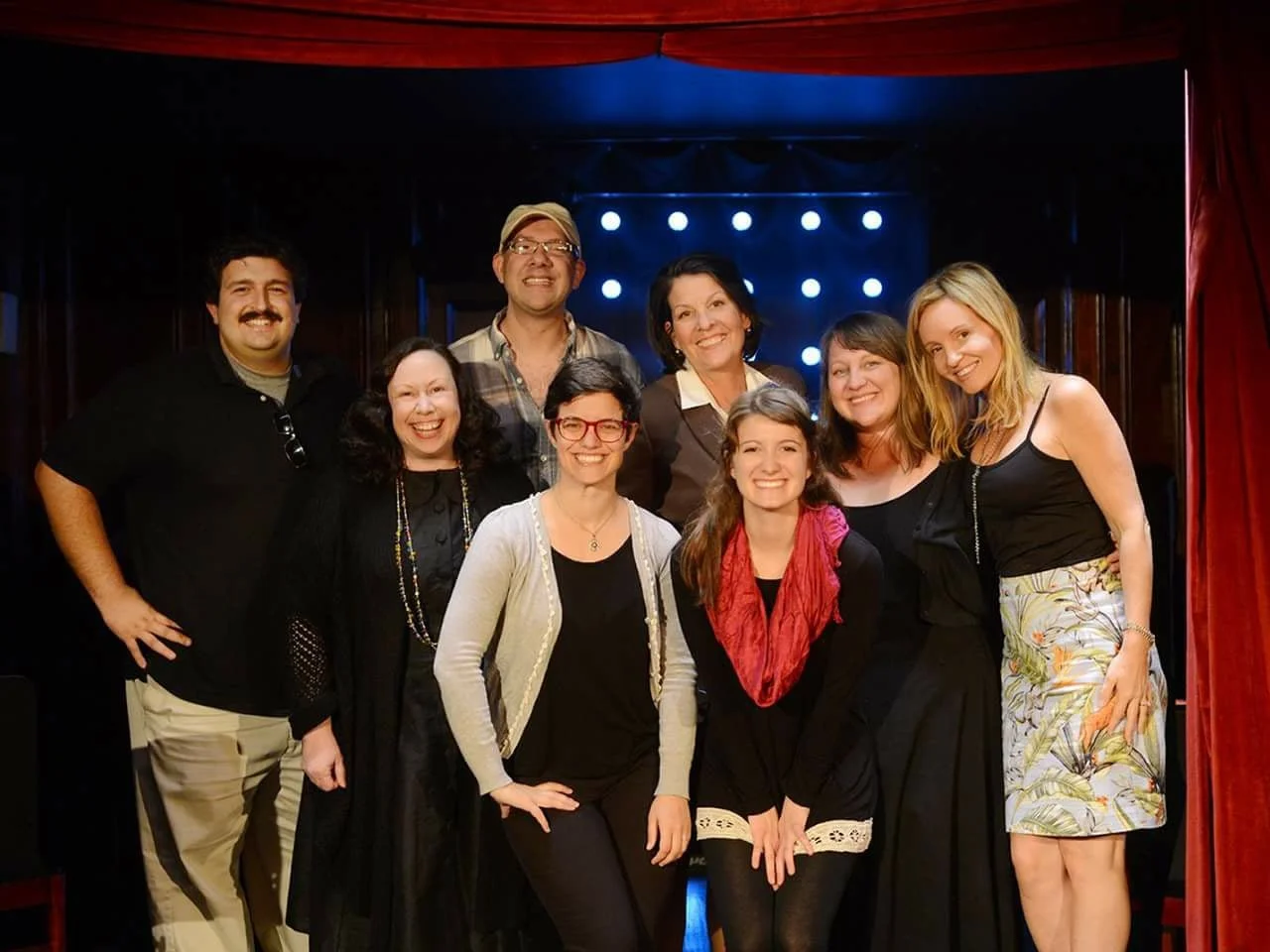 The cast of the New Feathers reading of INTERVIEWESE, with the playwright, director Alison Heishman, and producers Greg Nanni and Mandee Kuenzle Hammerstein.