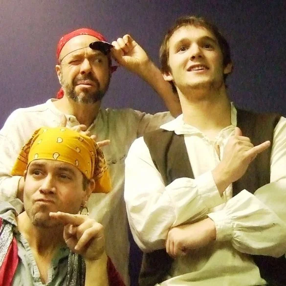 Members of the cast of Treasure Island . Clockwise from top left: Paul Whelihan, Christopher Jones, Brian Townes