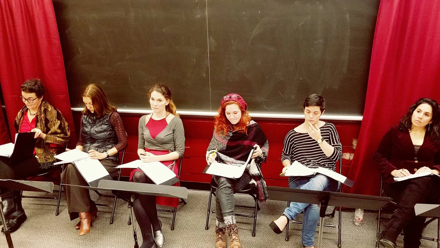 The talented cast from the Writers Theatre of NJ reading of The Excavation of Mary Anning, directed by Damon Bonetti.. From left to right: Katrina Ferguson, Judith Lightfoot-Clark, Jessica DalCanton, Jenna Kuerzi, Kristen Norine, and Sarah Corey. Produced by John Pietrowski, and stage managed by Danielle Constance.
