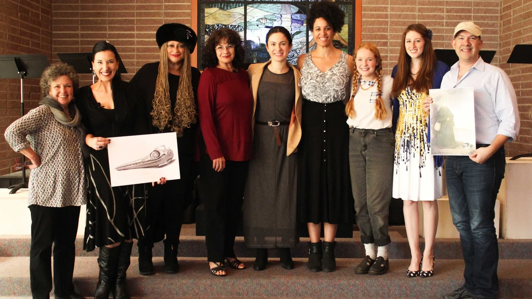 The playwright with the creative team from the Ashland New Plays Festival reading of The Excavation of Mary Anning. From left to right: Director Penny Metropulous, Shannon Davis, Michele (Maisy) Mais, Livia Genese, Alejandra Escalante, Jennie Greenberry, Meghan Nealon, and Stage Direction reader Marie-Claire Erdynast. Photo by Kara Quinn.