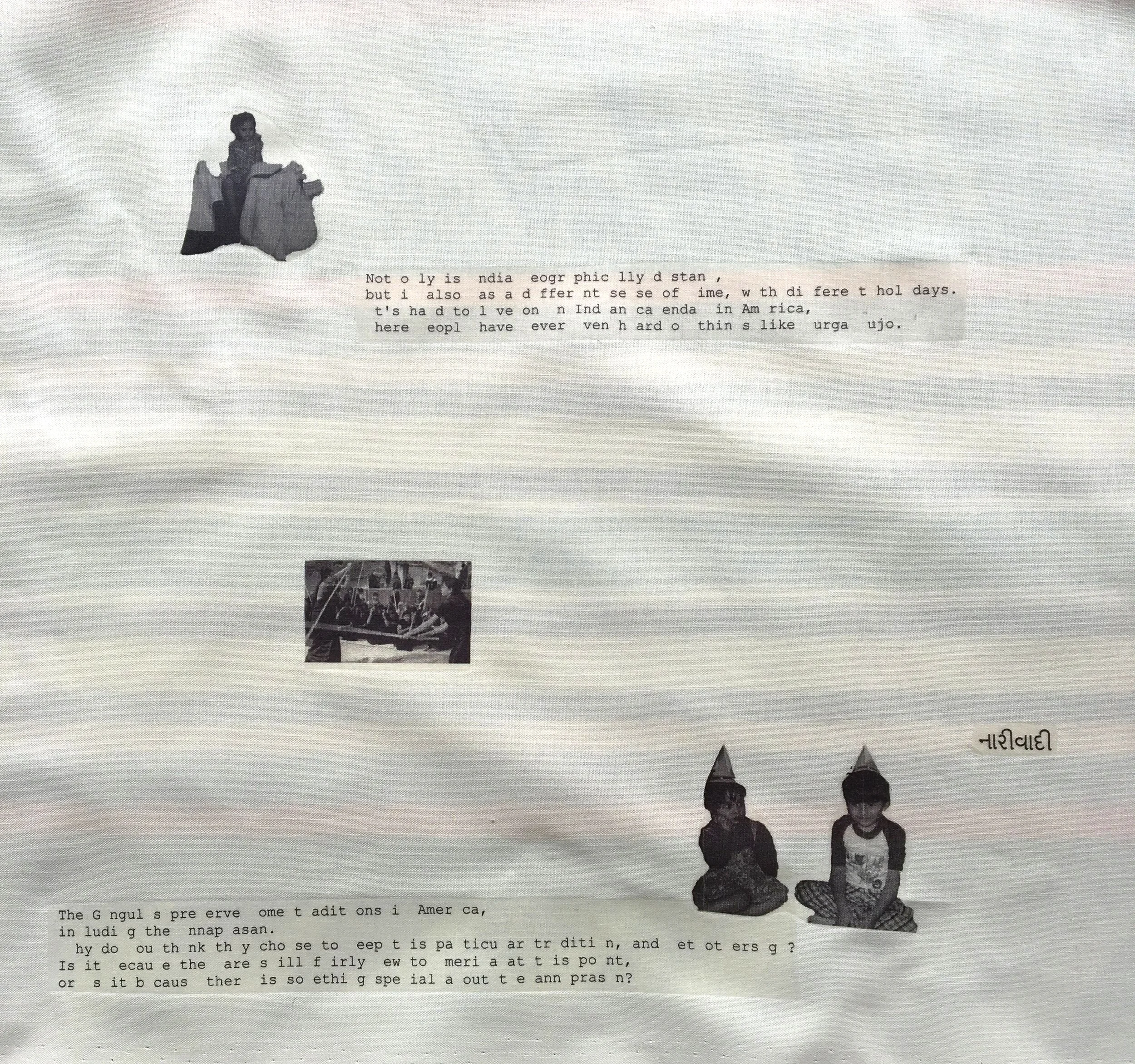   After Jhumpa  was created for the exhibition  Reimagining Home  exhibition at the Central Library. Texts from Jhumpa Lahiri’s novel, The Namesake and family photos were distorted and transferred onto cotton. This distortion was presented as the exp