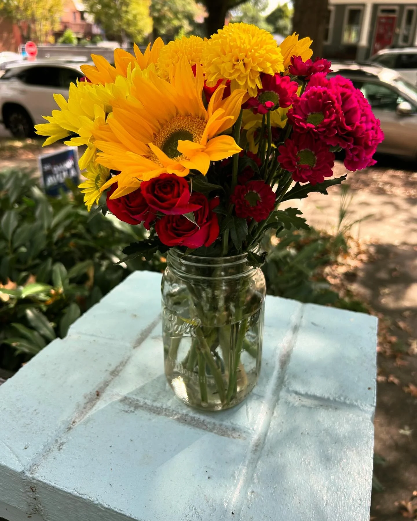 Found this lovely bouquet on Mom&rsquo;s front porch. She has a wonderful group of neighbours. She is off the hardcore pain meds, is in no pain and is starting to get around a bit (sat on the back porch yesterday). The bandages come off today, so mor