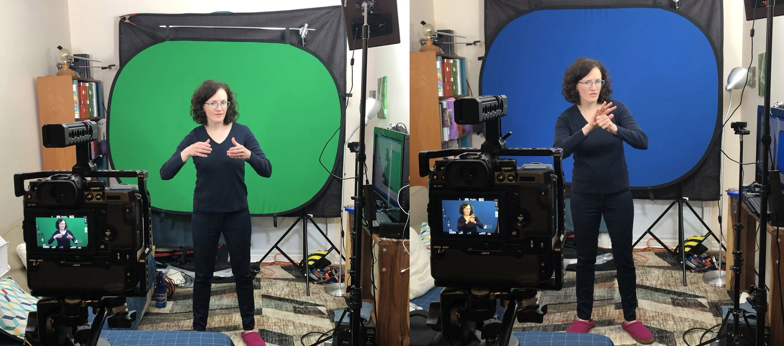 For about $70 CAD you can purchase a collapsible blue/greenscreen background on Amazon. Slippers are required while working from home.