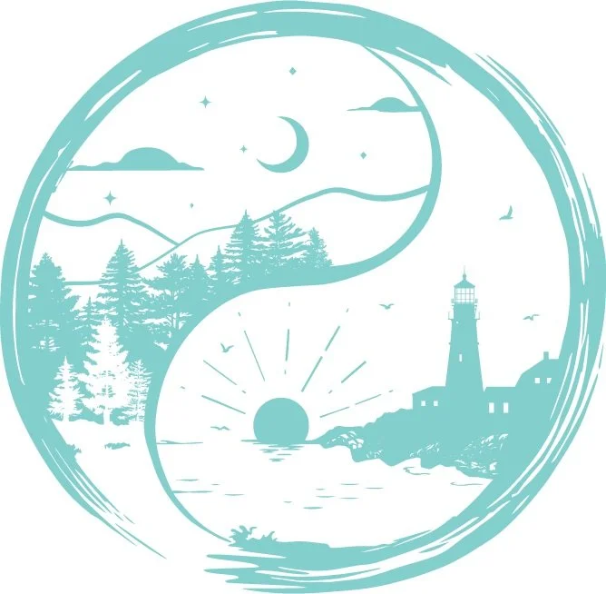 Stylized yin-yang landscape with mountains, trees, and lighthouse, Osho Zenia circle.