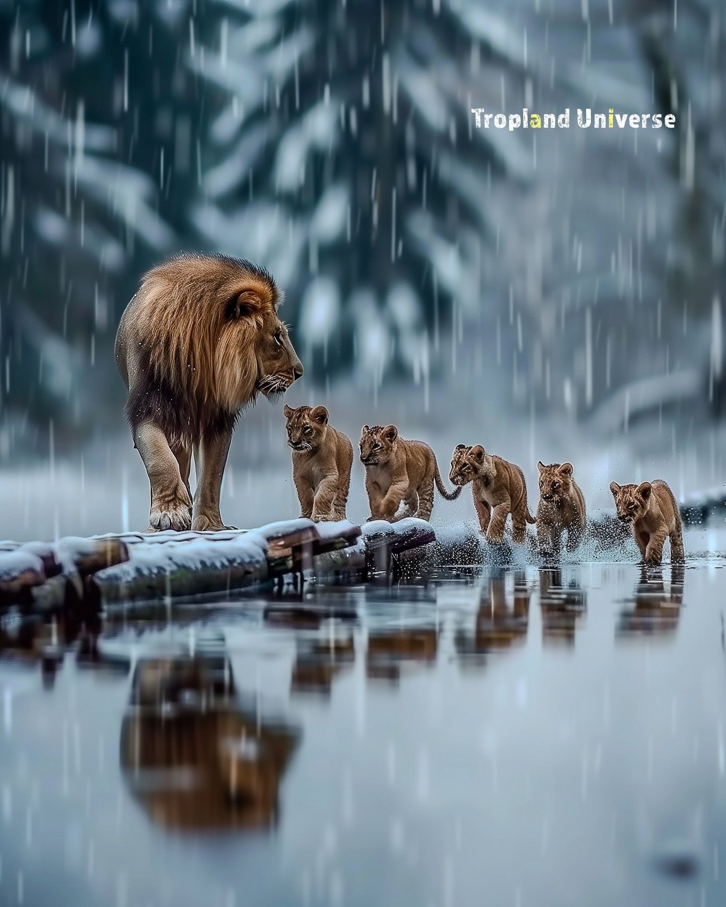 The champ and his squad. 💖🦁 What would you like to see next? Comment and let me know. 

🦁 Be sure to follow me @troplanduniverse for more just like this post. 

📸 This is not an actual photo. Lions were crafted using generative AI, Photoshop, and