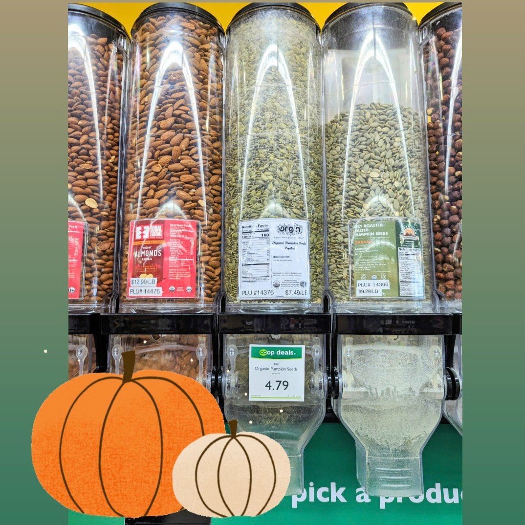 Our Bulk Dept (open to all) is having some bonkers sales, but just till the end of the month! Organic Pumpkin Seeds, Organic Walnuts, and Organic EVOO are at super special discount prices right now 🤑 You can use one of our disposable containers, or 