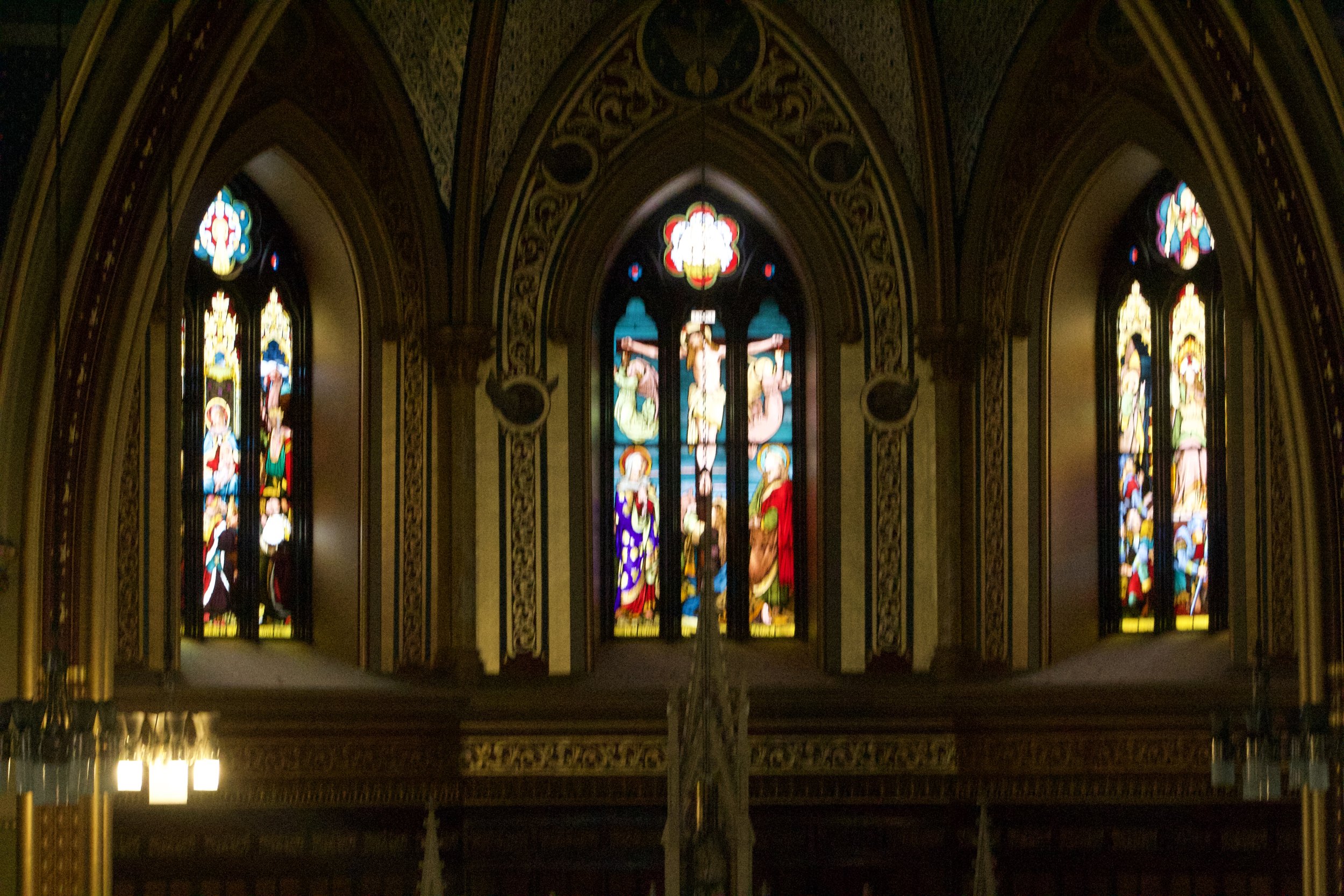 Landscape Photo of the stained glass & ceiling of the Sanctuary