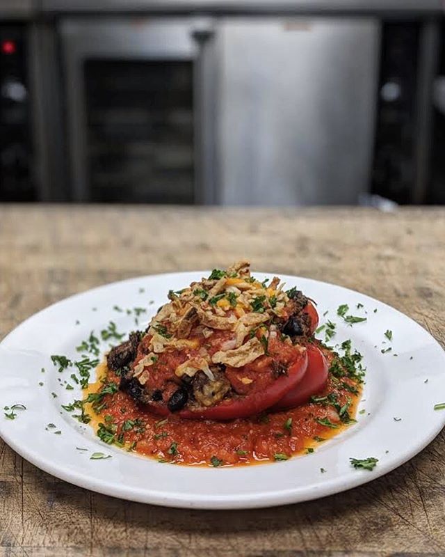 Marcus has been in the kitchen this week making these Jackfruit Stuffed Peppers. Stop by and see us, we can&rsquo;t wait for you to try them! 
Tonight&rsquo;s Dinner -
Fried Pork Chops w/ Pan Gravy, 
Savory Bread Pudding &amp; Honey Glazed Carrots
#l