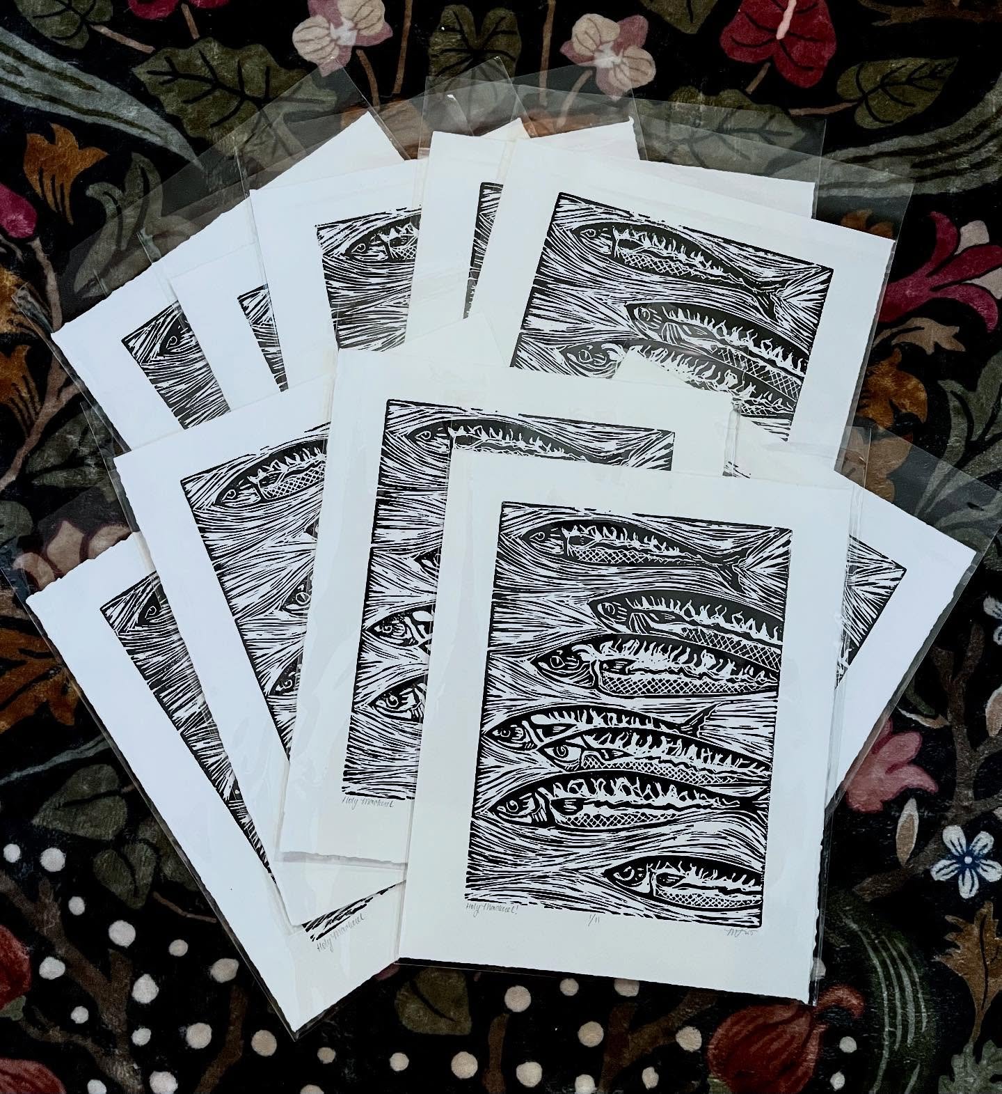 This edition of my mini &lsquo;Holy Mackerel!&rsquo; relief prints is heading to Pittsburgh for a very special show and print exchange. Stay tuned!🐟🐟🐟