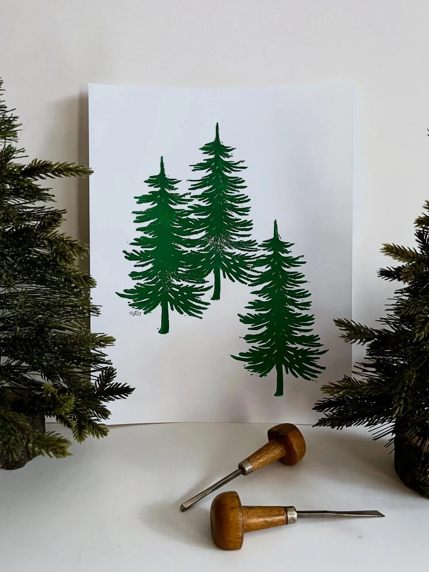 it&rsquo;s soo snowy here and I&rsquo;m just adoring the winter landscape! honoring the north with some cute evergreens 🌲&mdash; for sale this Sunday at @headflyerbrew !!!