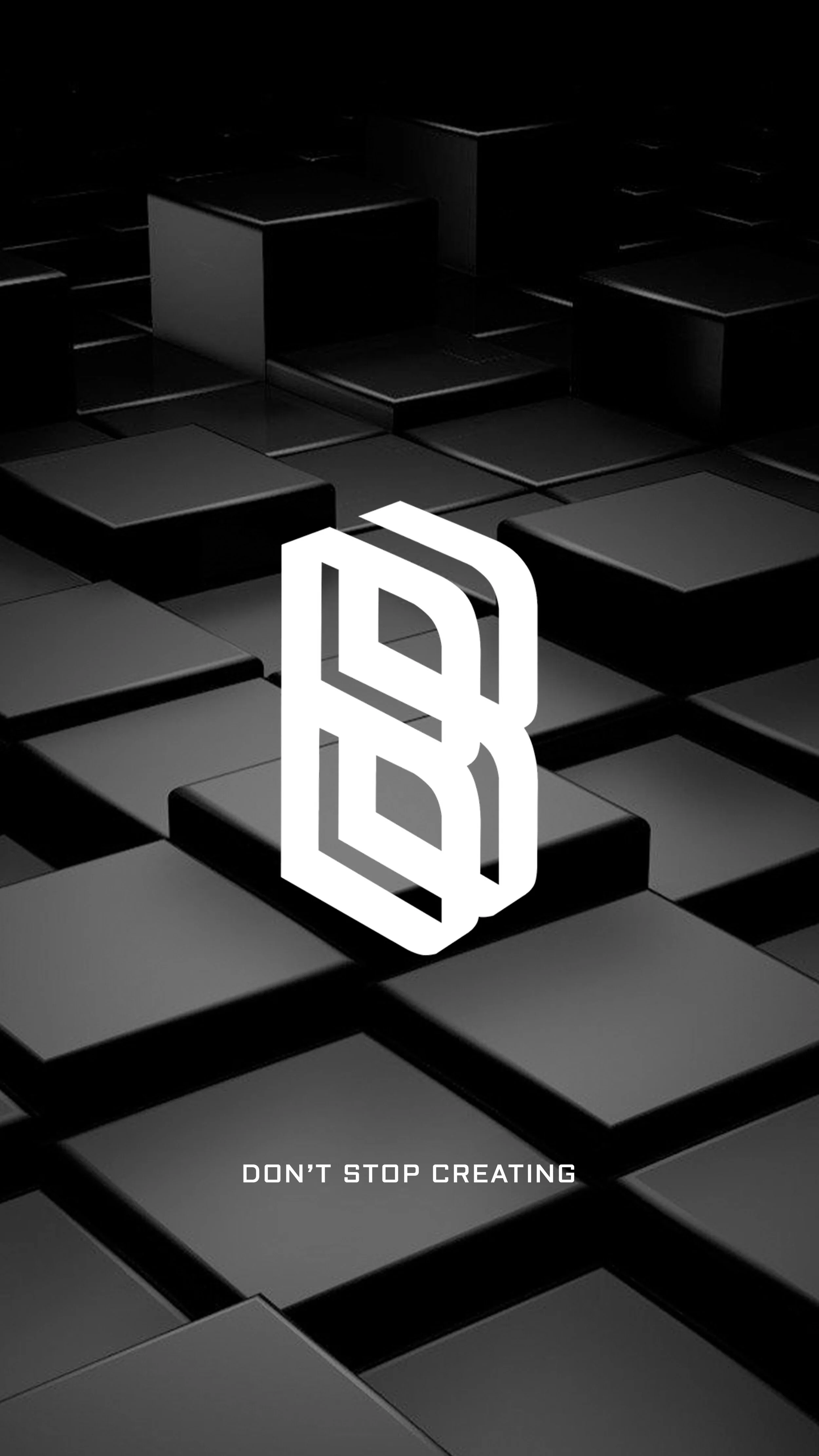 Black and white graphic with geometric 3D cubes and a stylized 3D logo in the center, with text that reads "DON'T STOP CREATING."