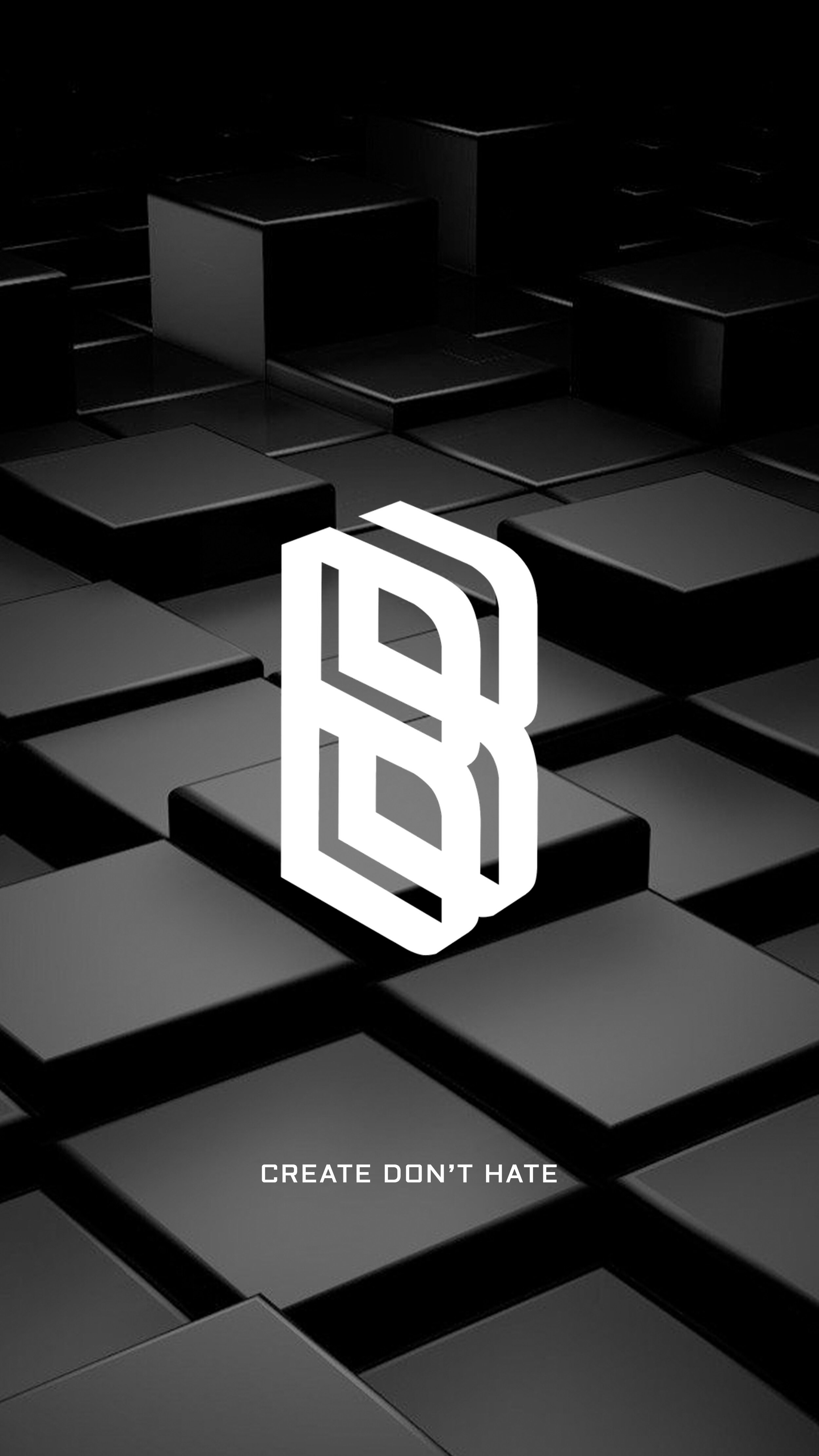 Black and gray abstract background with 3D geometric shapes and a white 3D letter logo centered, with the phrase "CREATE DON'T HATE" at the bottom.