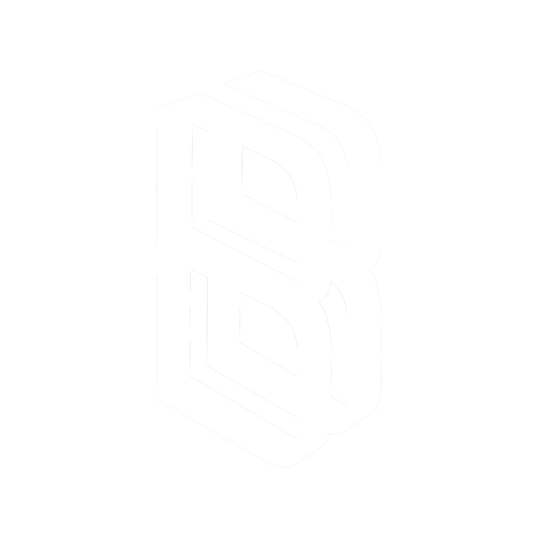 White geometric logo with the letters D and B connected on black background.