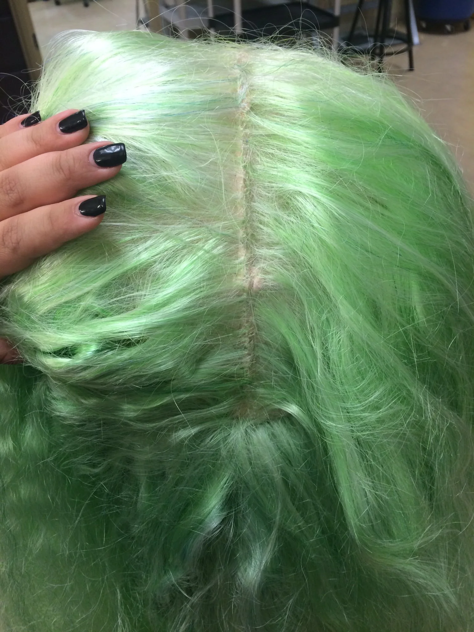  Process - Attaching ventilated cage-covering hair to ventilated wig base with hidden seaming 