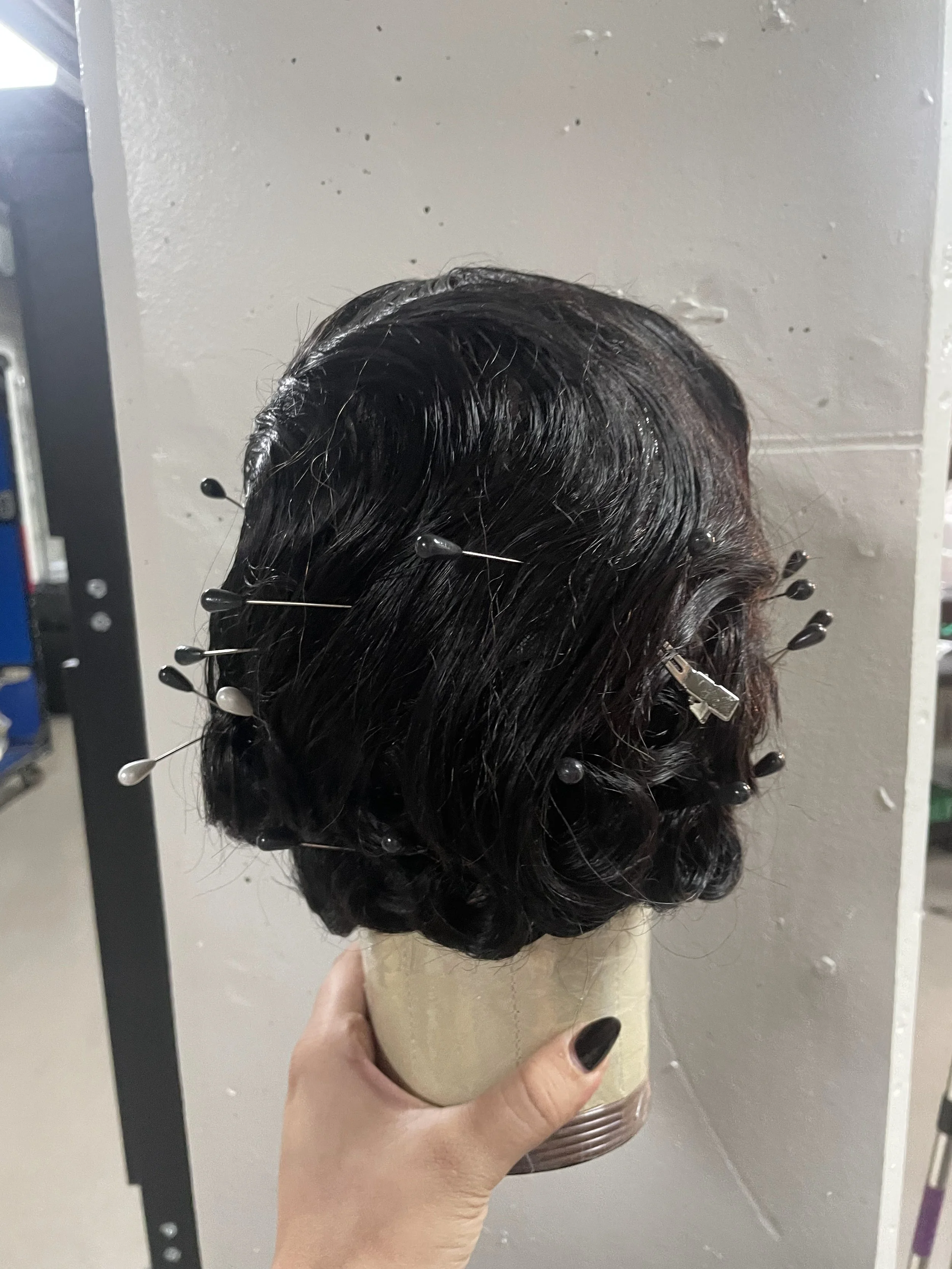  Process/Before - Initial wave styling with gel/mousse mixture before finger styling nape zone with custard/mousse mixture, back 