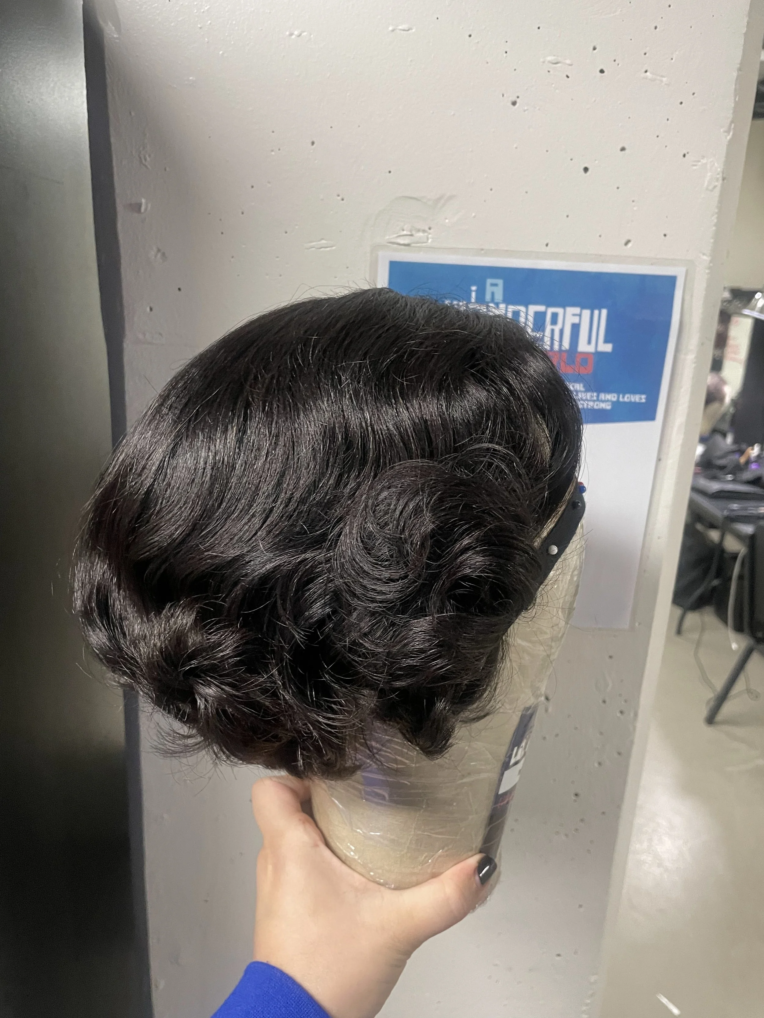  Finished wig on block, side 