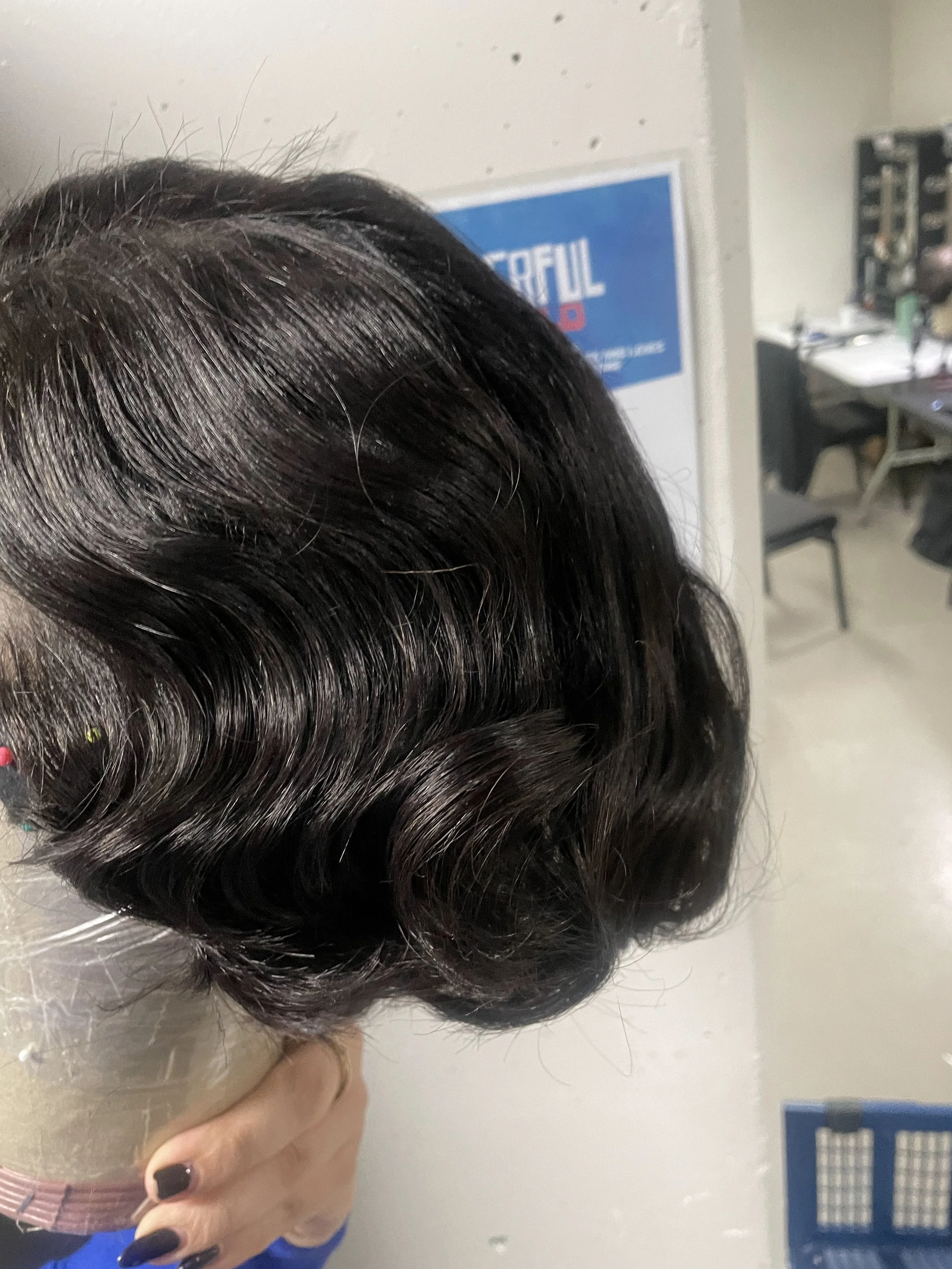  Finished wig on block, side/back 