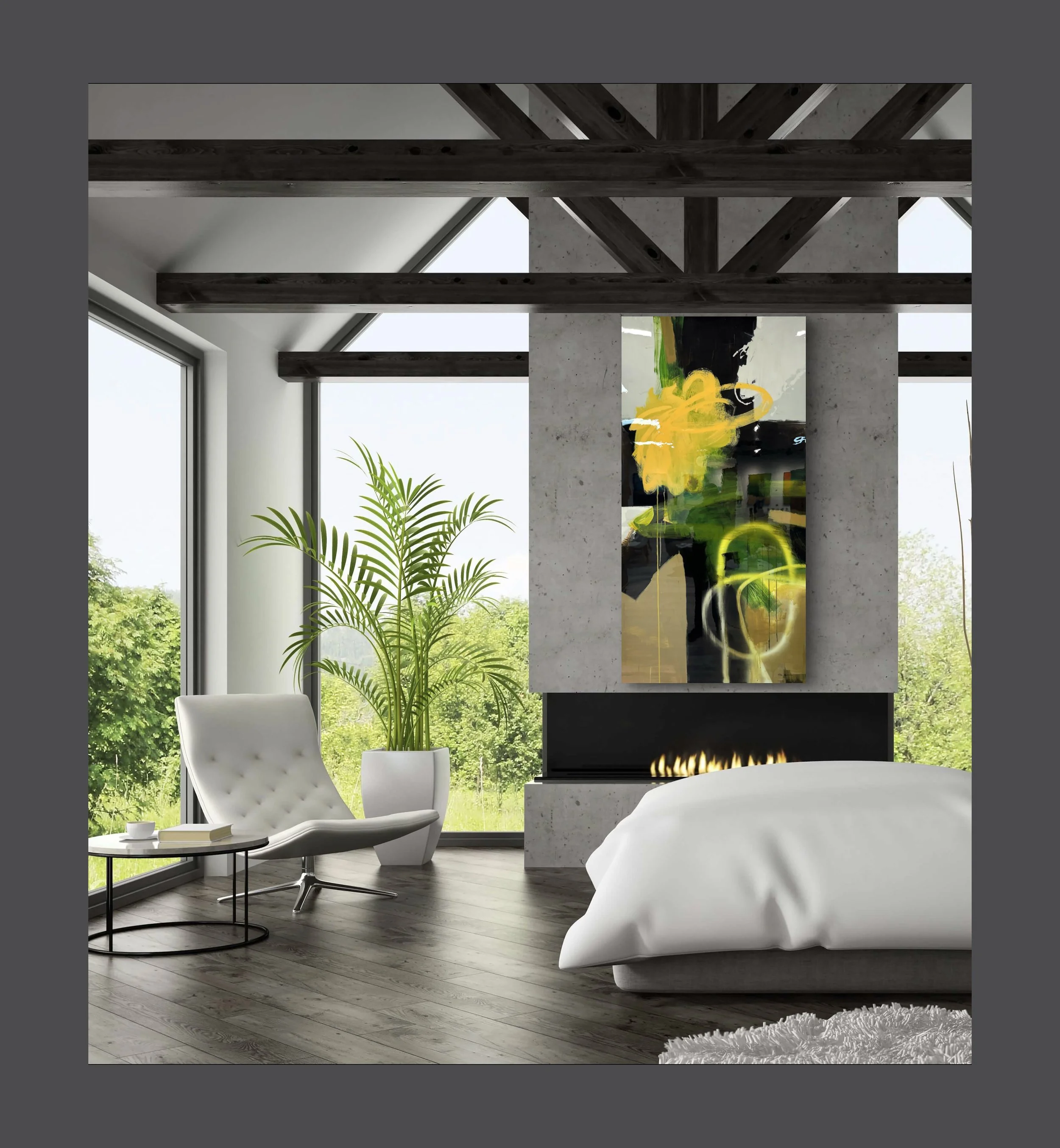 Modern living room with large windows, potted plant, white lounge chair, abstract wall art above fireplace, white bed in foreground, and view of green trees outside.