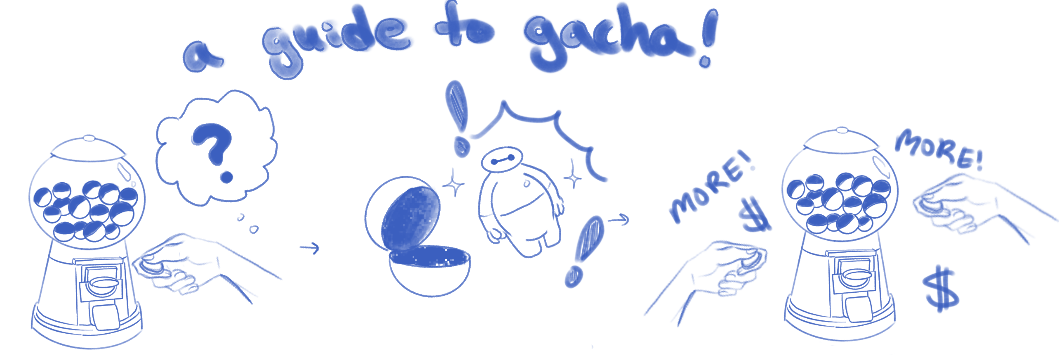 *The best way to understand the gacha system is imagine a toy machine that dispenses randomized prizes.1. Insert game coin 2. Receive a randomized prize 3. Get addicted and collect them all!