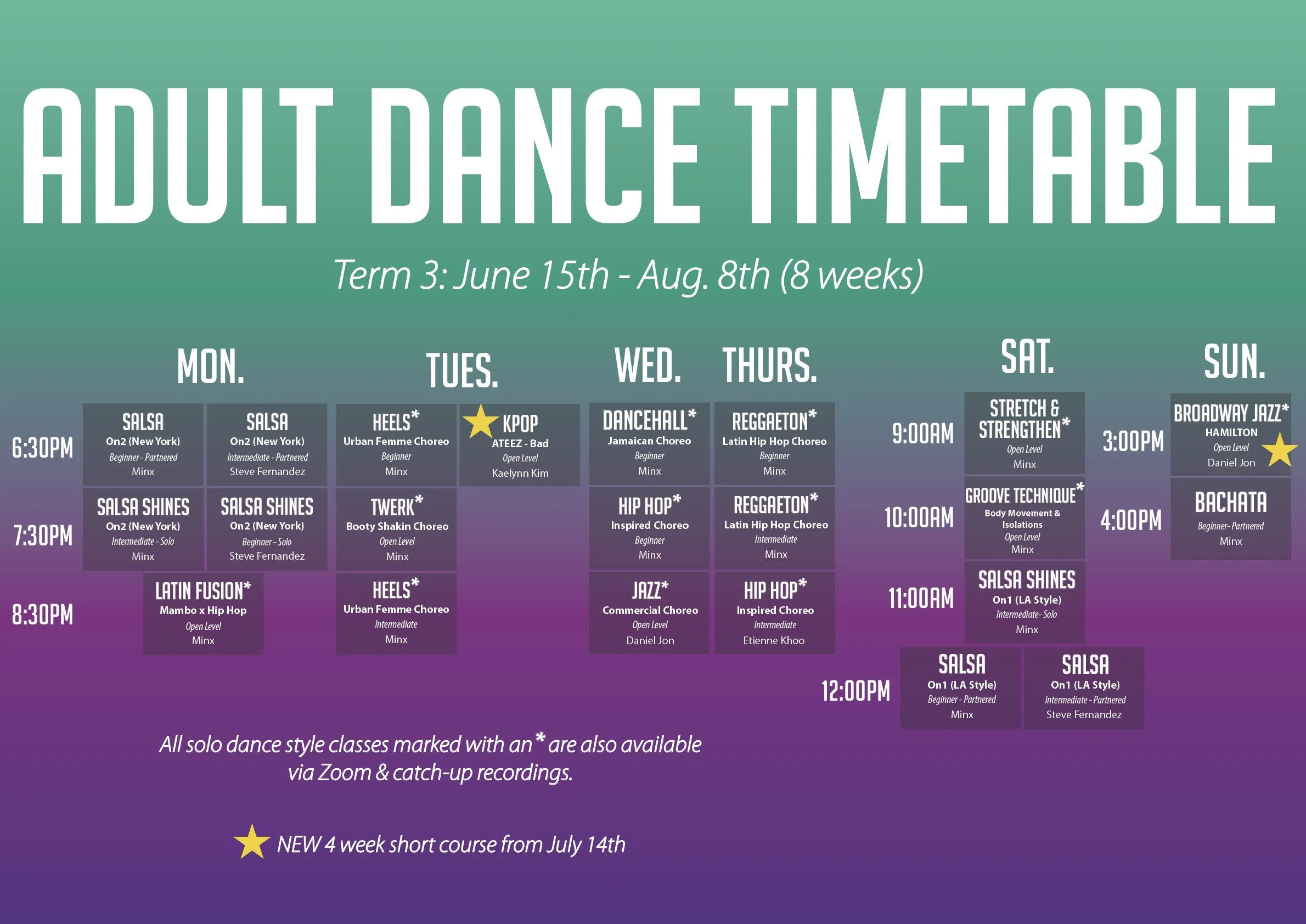 adult dance classes the mbassy docklands melbourne cbd inner suburbs salsa mambo on2 on1 la new york bachata latin fusion heels twerk booty dancehall reggaeton hip hop stretch strengthen groove kpop musical theatre broadway  jazz Timetable