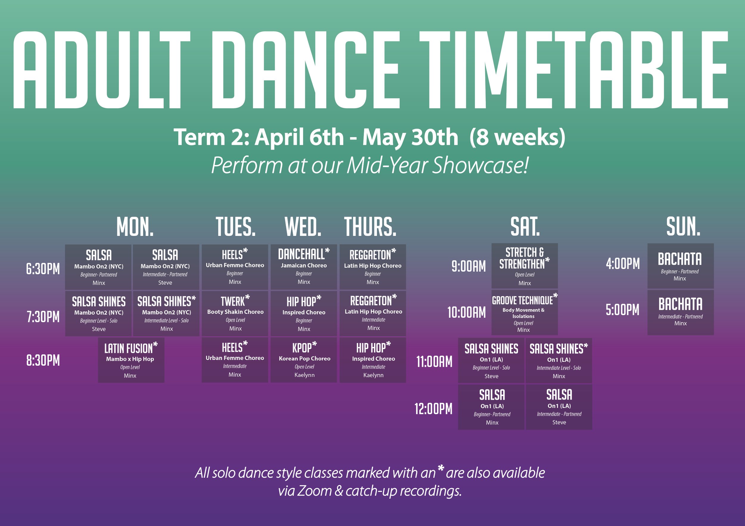 The MBassy Dance adult group class timetable melbourne docklands cbd inner suburbs salsa bachata mambo latin fusion heels twerk dancehall reggaetonn hip hop kpop stretch & strengthen groove technique shines