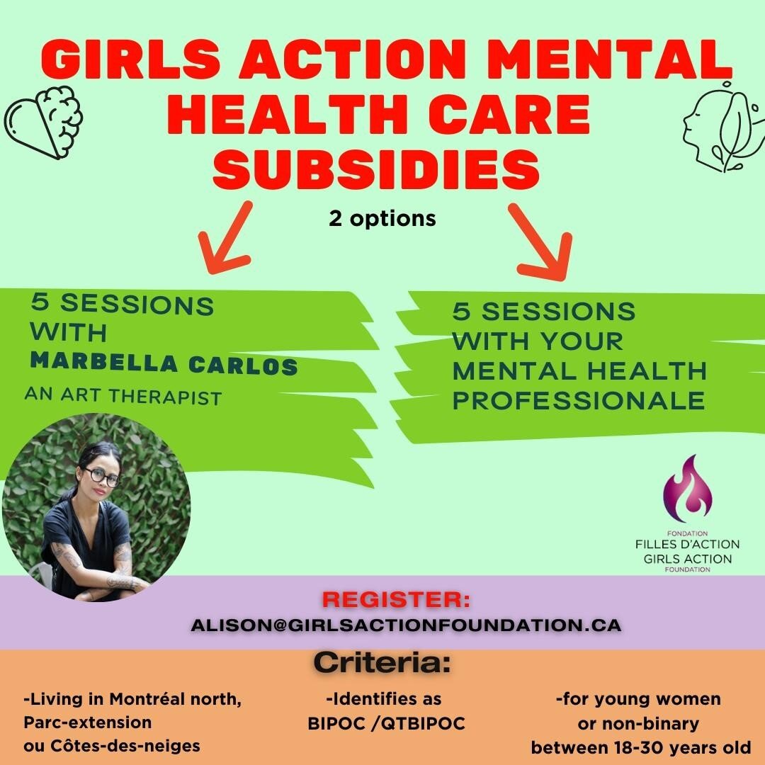 SO excited to be partnering with Fondation filles d'action - Girls Action Foundation  @girlsaction_fillesdaction to provide subsidized brief therapy to BIPOC girls &amp; non-binary folks living in Montreal Nord, Parc-Ex, and Cotes-de-neiges! If you k