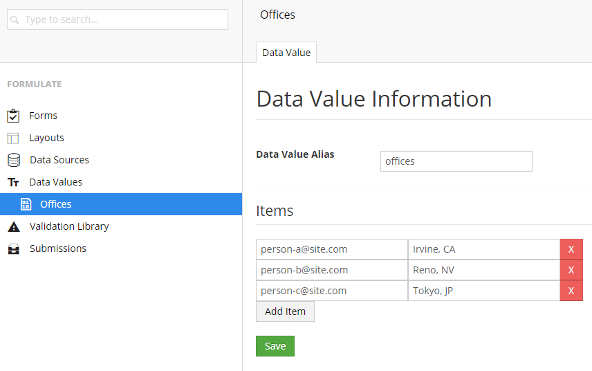 A “Pair List” data value, with the value of each being an email address.