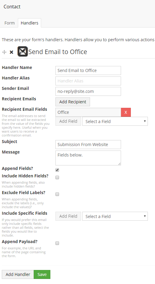 The “Recipient Email Fields” has the “Office” field selected.