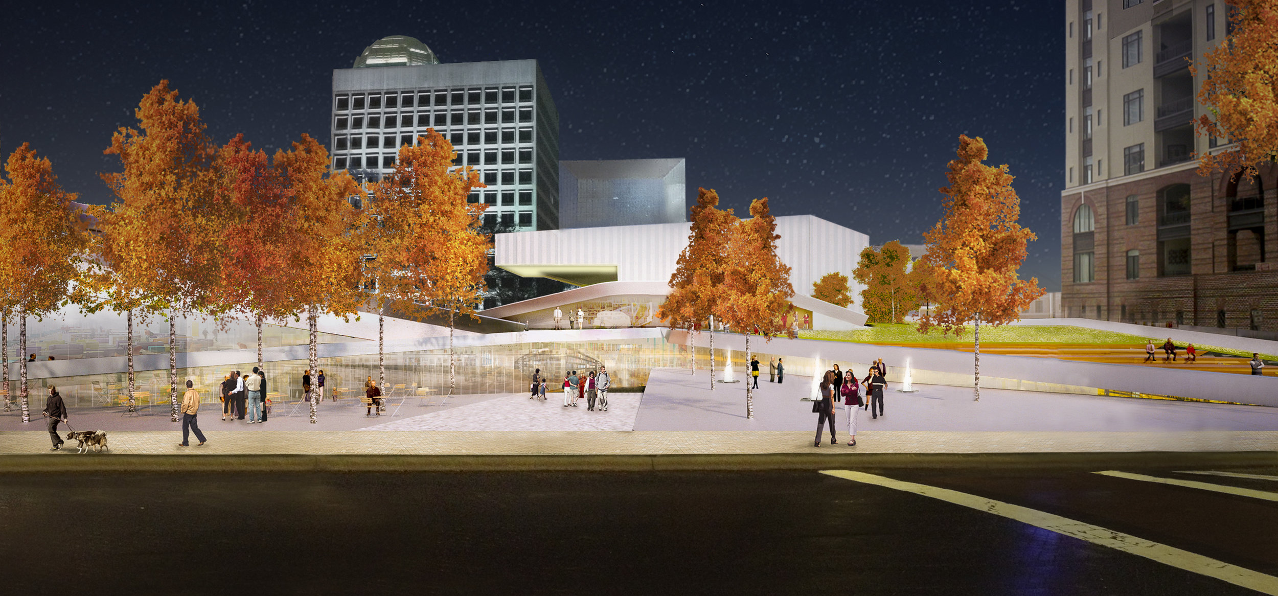 While this community commons would be both a new public town square and a new library, it would blur the distinction of the two programs such that the library would be the park and the park would be the library. The concept for the library and park was to take a vacant county-owned office building and combine that property with a city-owned plot of land slated to be developed into a park called Merschel Plaza. The site was attractive because all of the taxpayer bond money could go to the library rather than to site acquisition costs but, more importantly, because the site was equidistant from the traditionally African American communities to the east and the traditionally white neighborhoods to the west and one block from the city’s transit hub. In other words, it would be accessible to all.