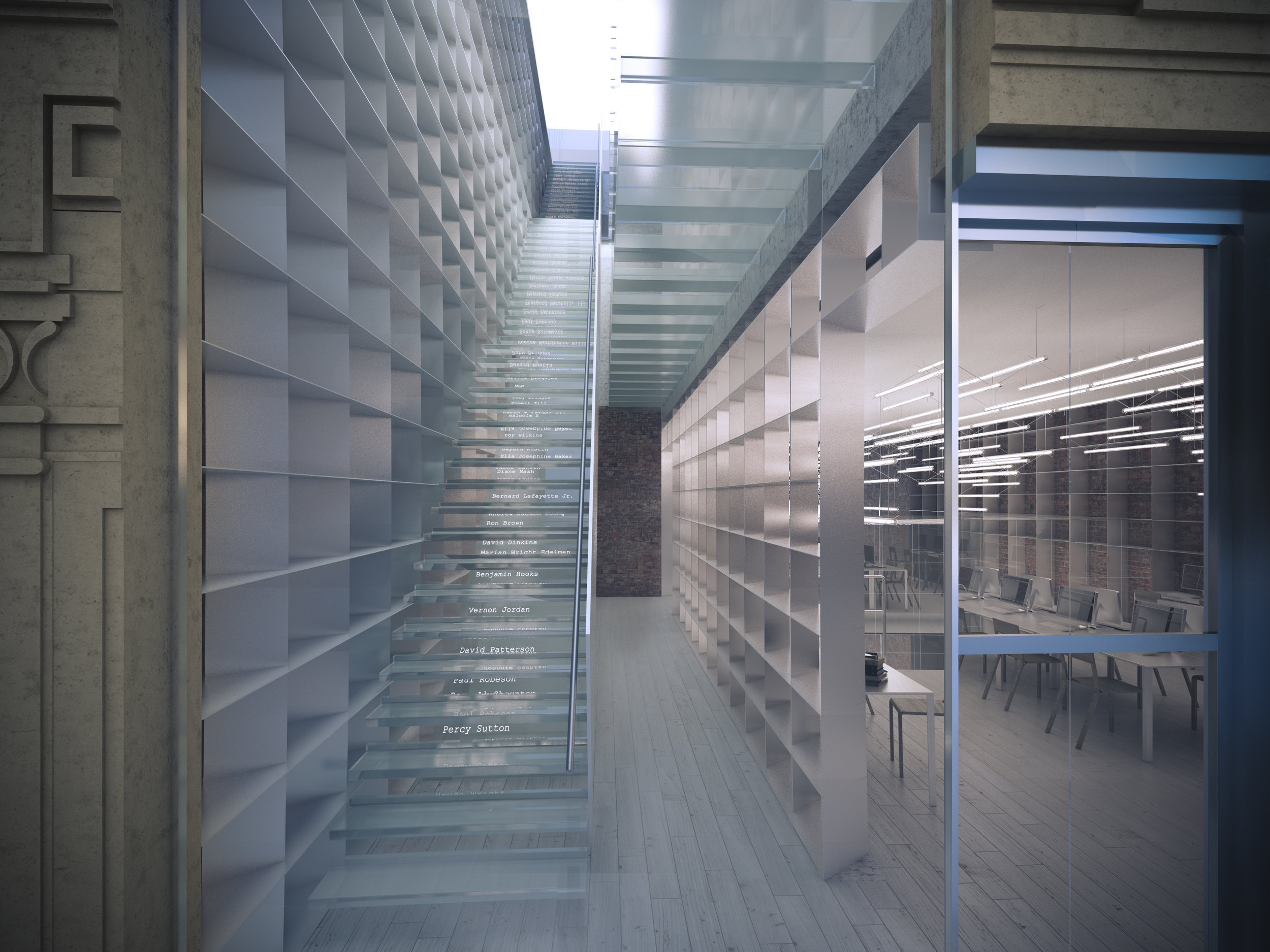 The cafe leads to a lecture hall/event space at the back and cellar level that opens to the rear garden. The ceremonial stair connects visitors to the library to the upper two levels housing reading and consultation spaces, a broadcast studio, and t