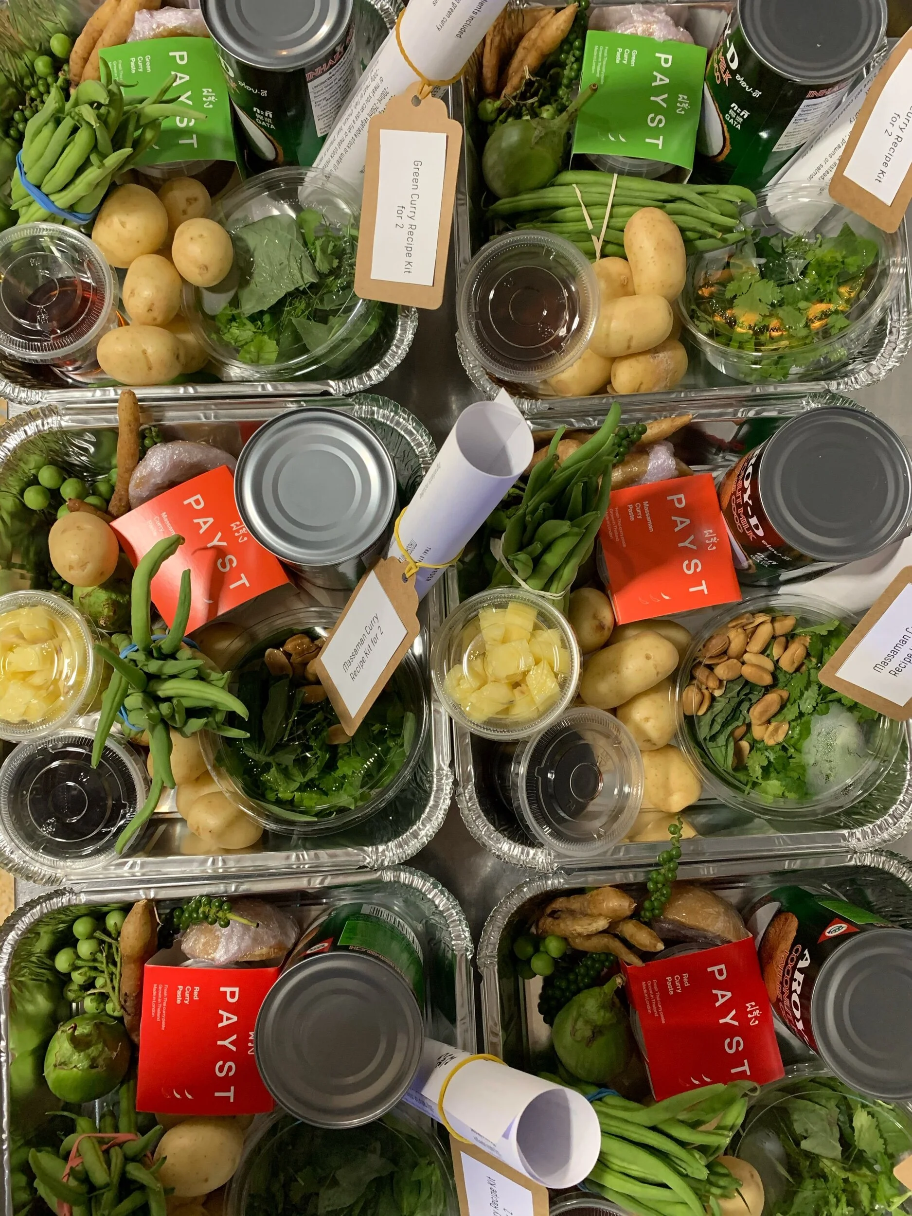 Farang London meal kits and takeaway curry trays on refrigerator shelves during the Covid lockdown, Sebby Holmes