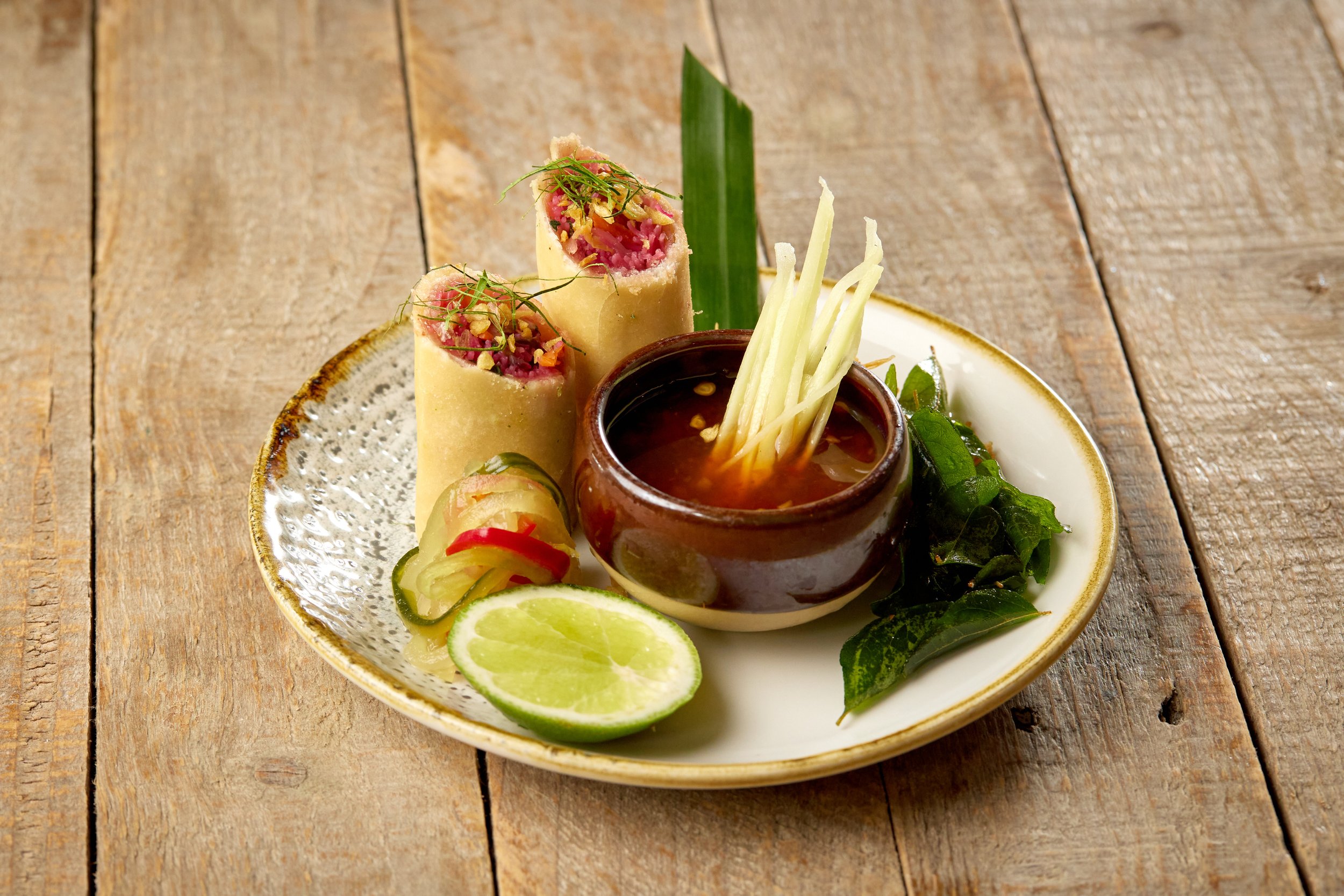Beetroot, shiitake mushroom, vegetable & coconut spring rolls