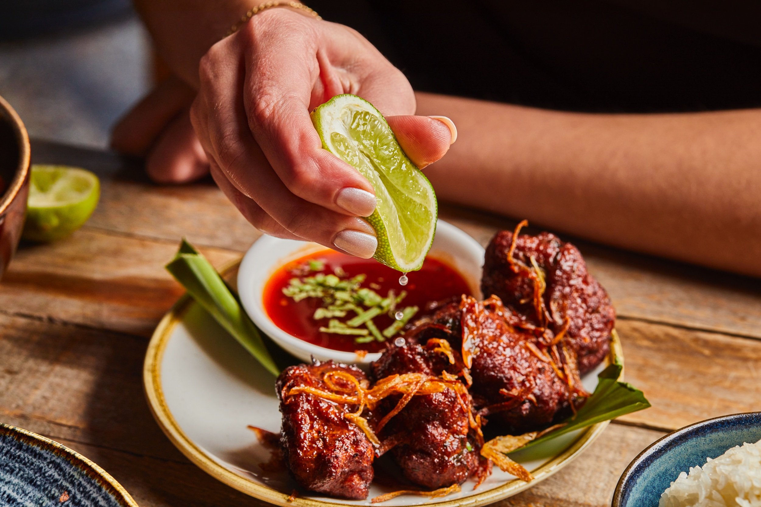 Salmon, cod and smoked haddock fishcakes with sweet chilli and lime dipping sauce.