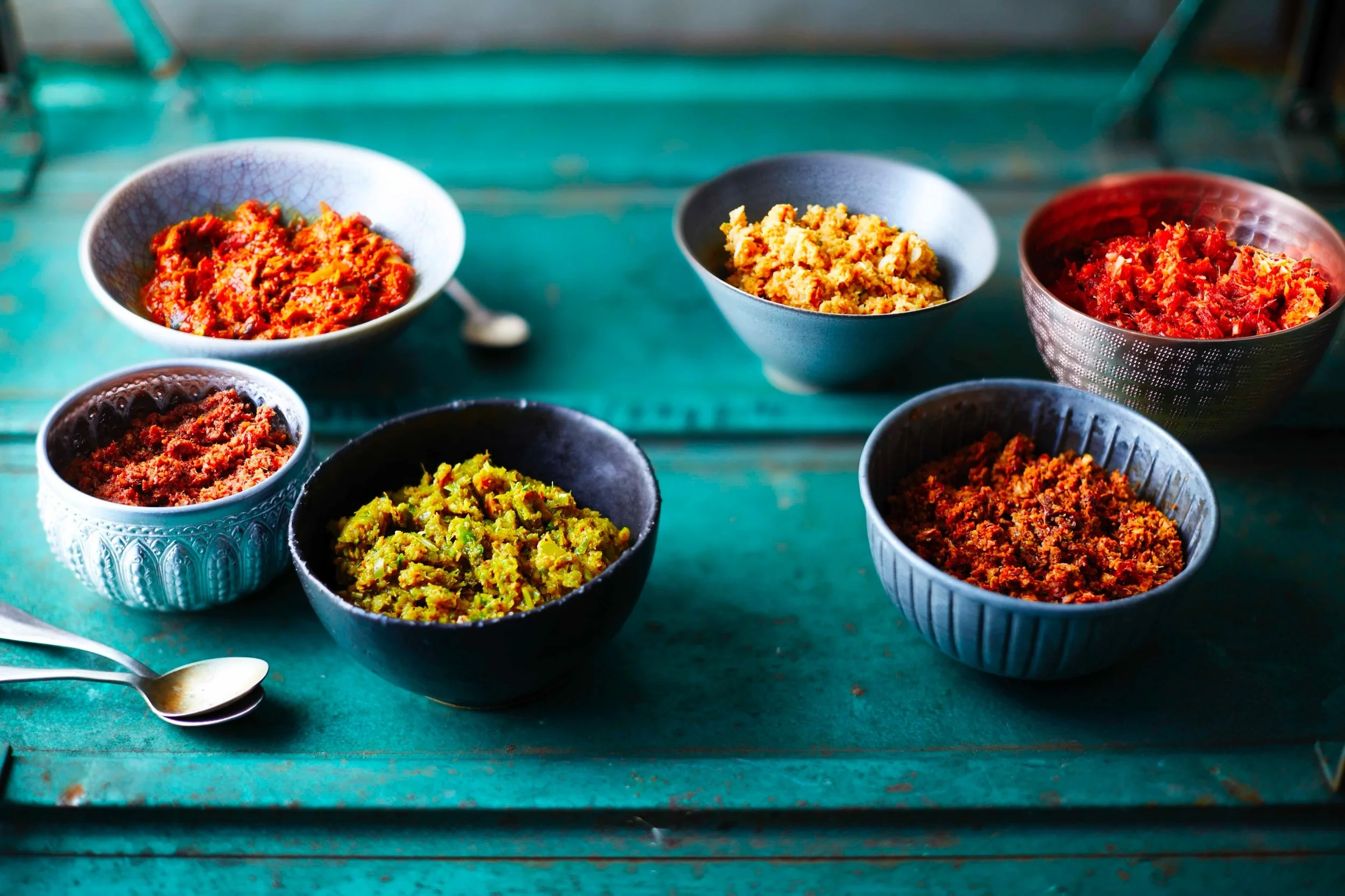Thai curry pastes made fresh in a mortar at Farang London, guide by head chef Sebby Holmes