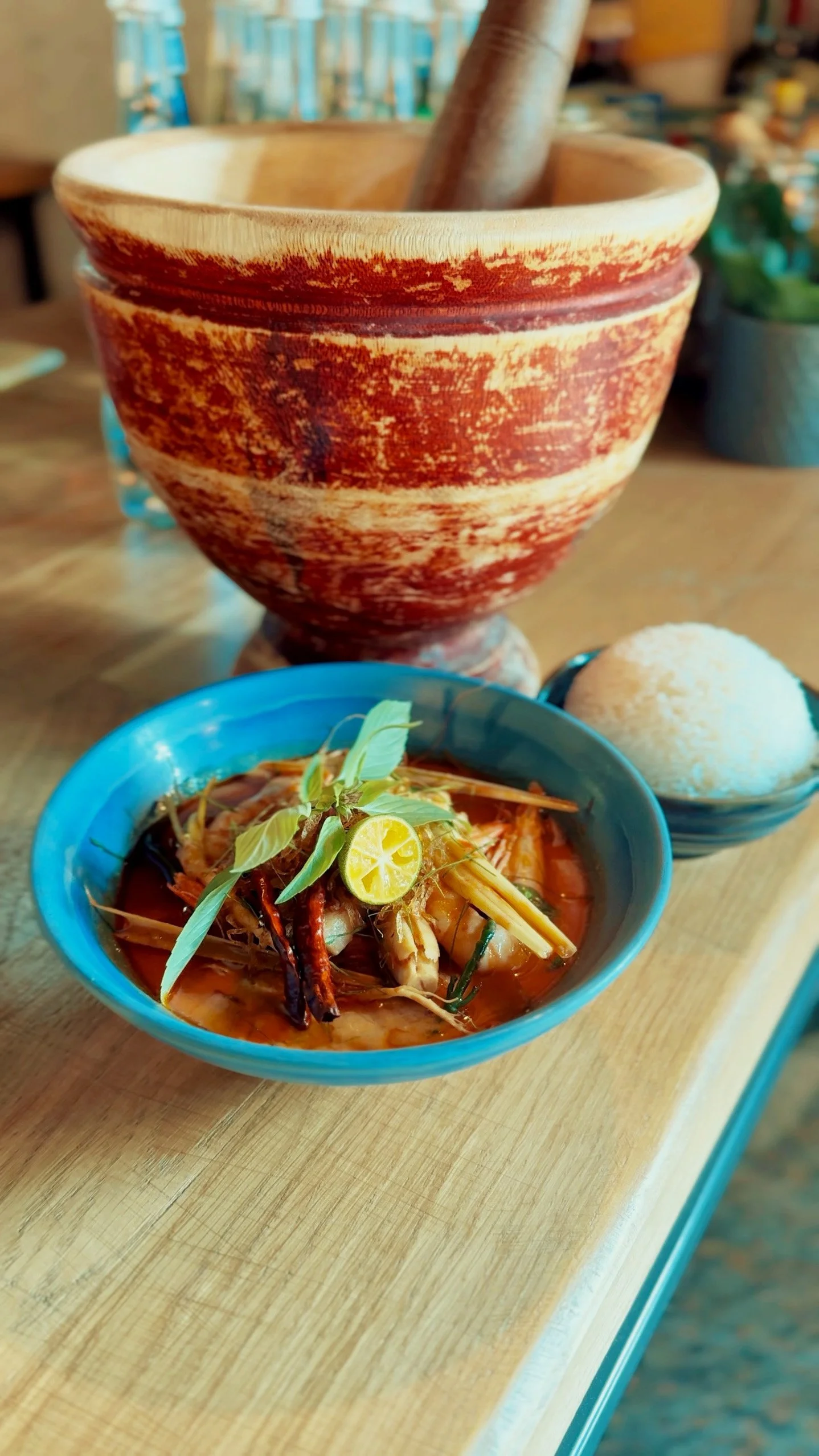 Tom Kha Goong, Thai coconut and galangal soup with tiger prawns and smoked haddock, recipe by Sebby Holmes