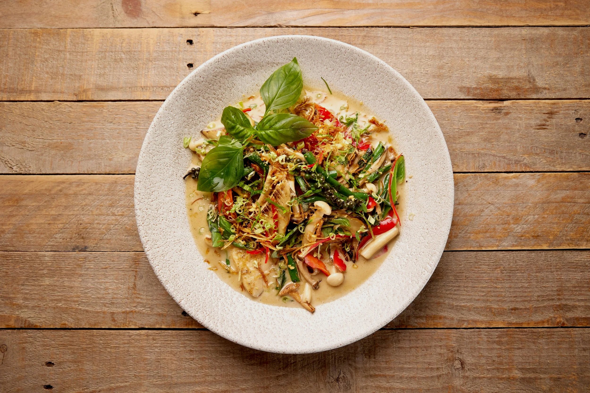 Spicy Stir-Fried Wild Mushrooms with Thai Sweet Basil and Coconut Milk