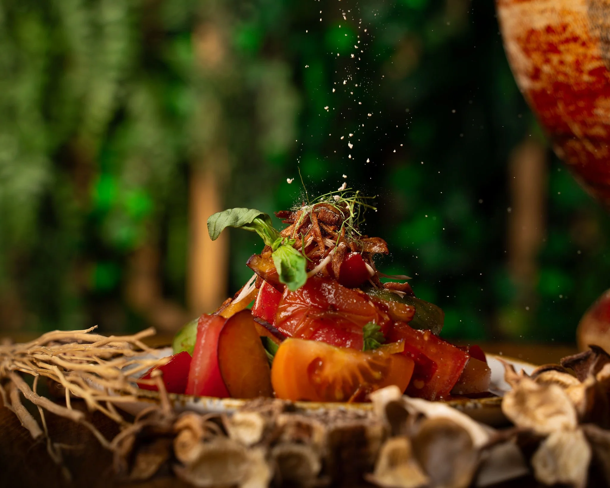 Spicy tomato and plum salad with grilled beef tomatoes, green nahm yum and crispy garlic, recipe by Sebby Holmes