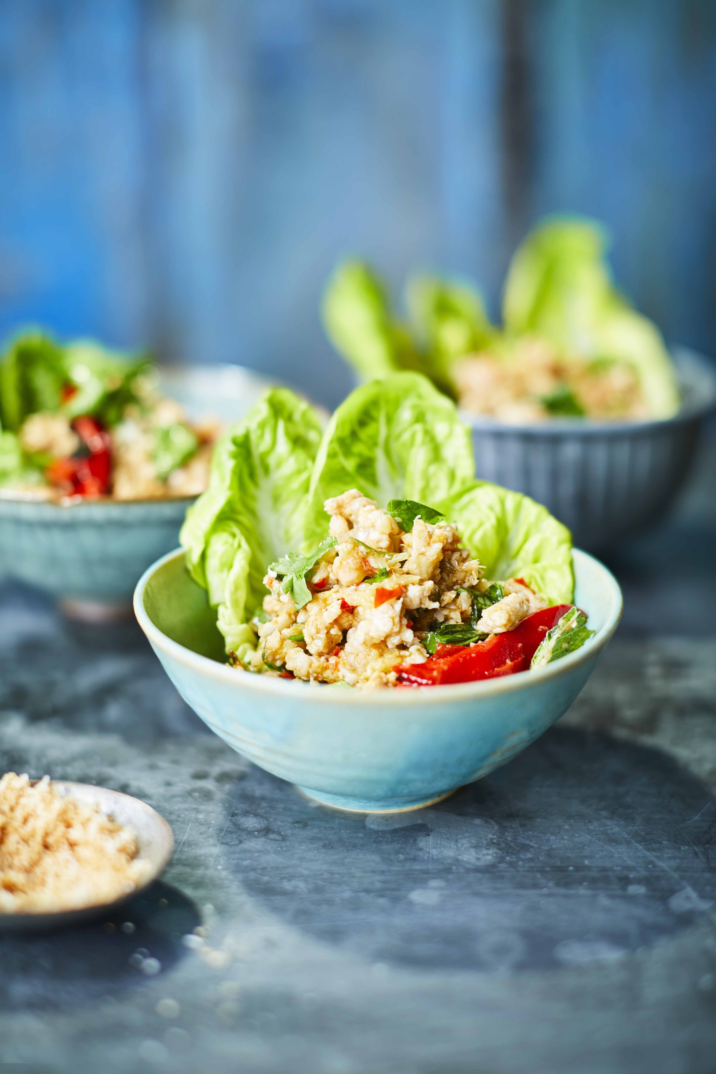 Minced chicken and prawn laap with herbs and toasted rice powder served in baby gem lettuce, recipe by Sebby Holmes